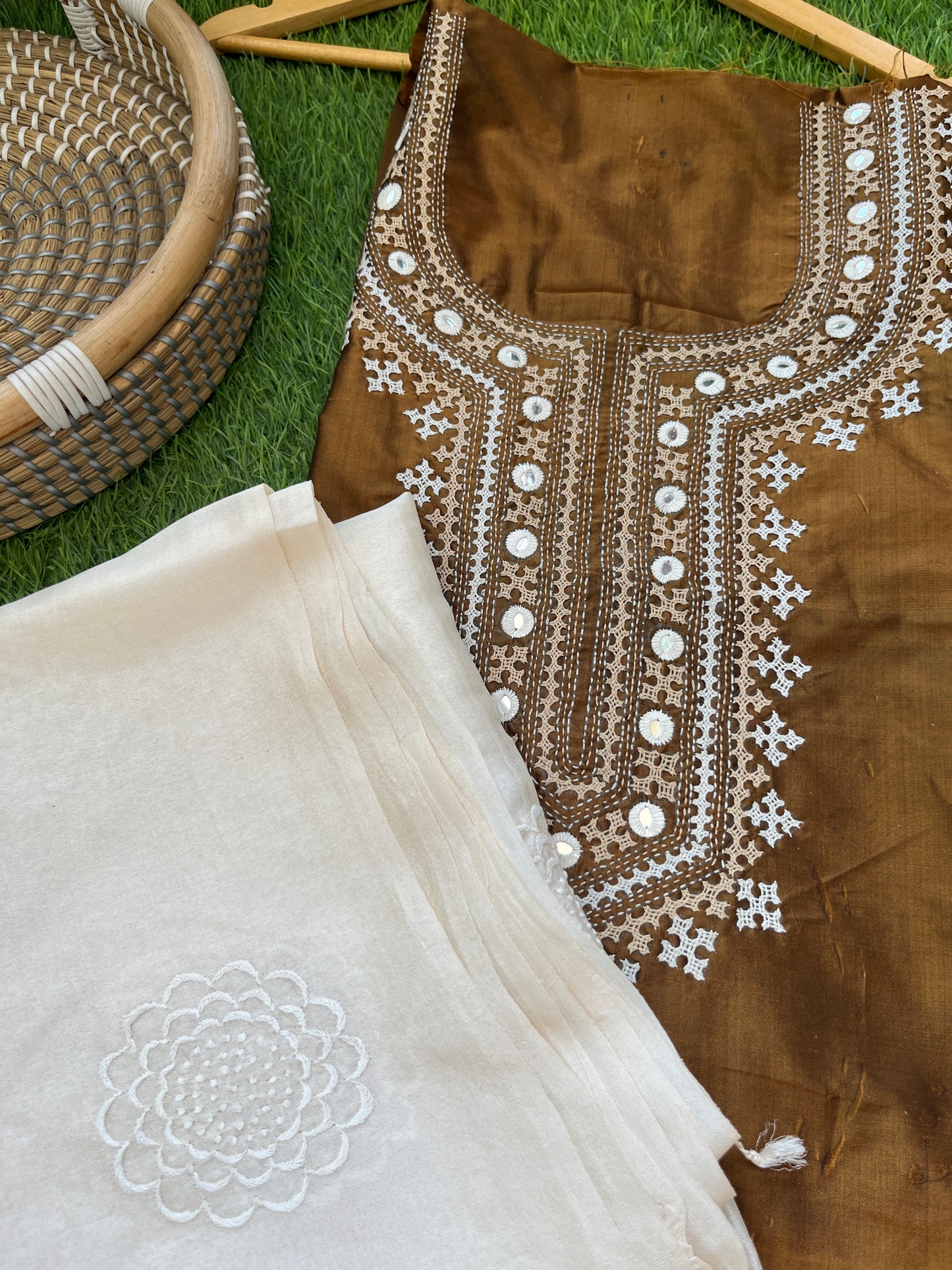 Silk sindhi work kurta fabric with silk chikankari dupatta
