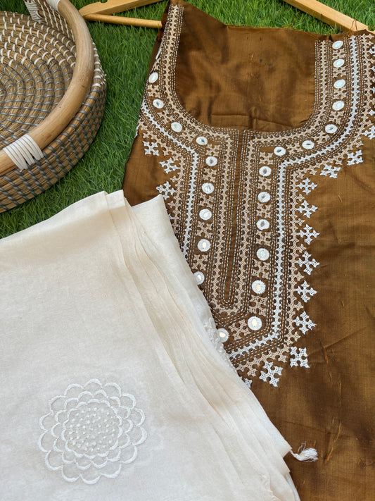 Silk sindhi work kurta fabric with silk chikankari dupatta