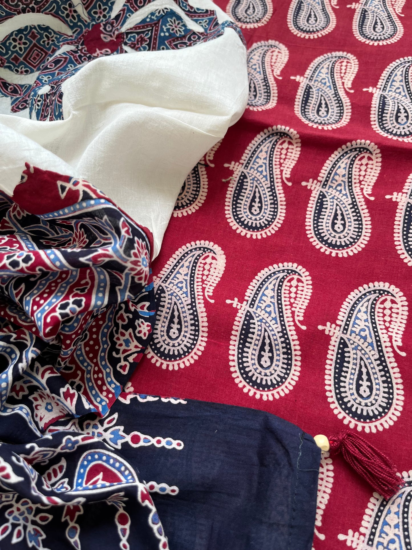 Cotton ajrakh kurta applique work dupatta set