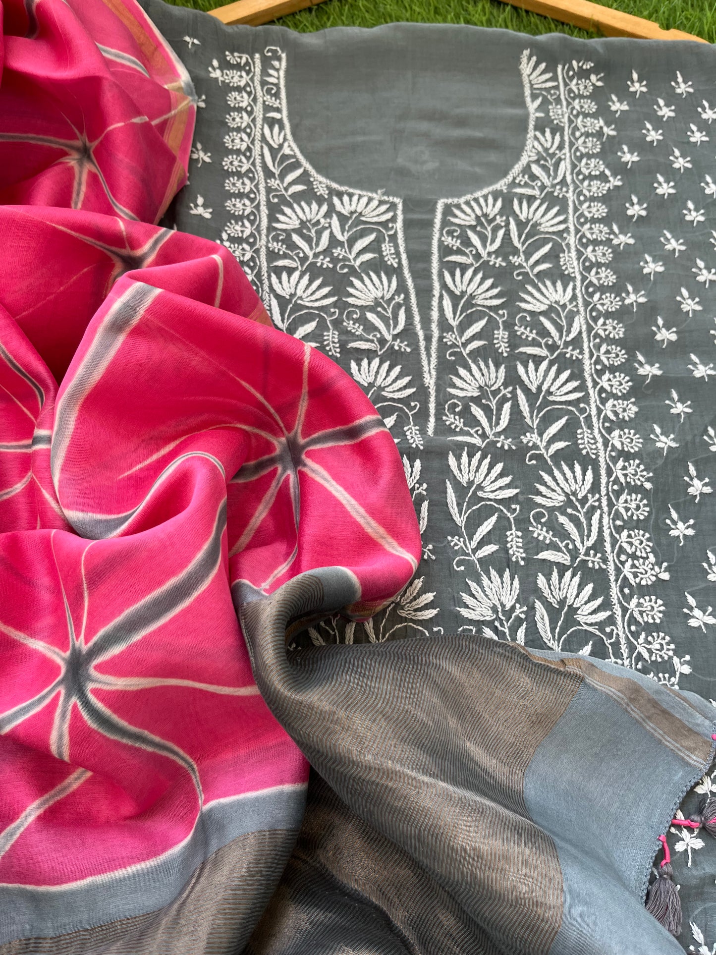Chanderi Chikankari Kurta clamp dye Dupatta