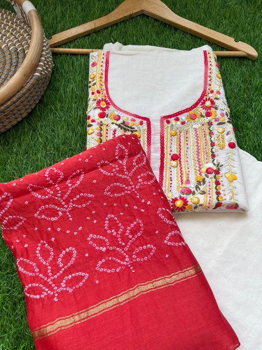Handwoven Cotton knot work embroidered kurta bandhani dupatta and plain bottom fabric