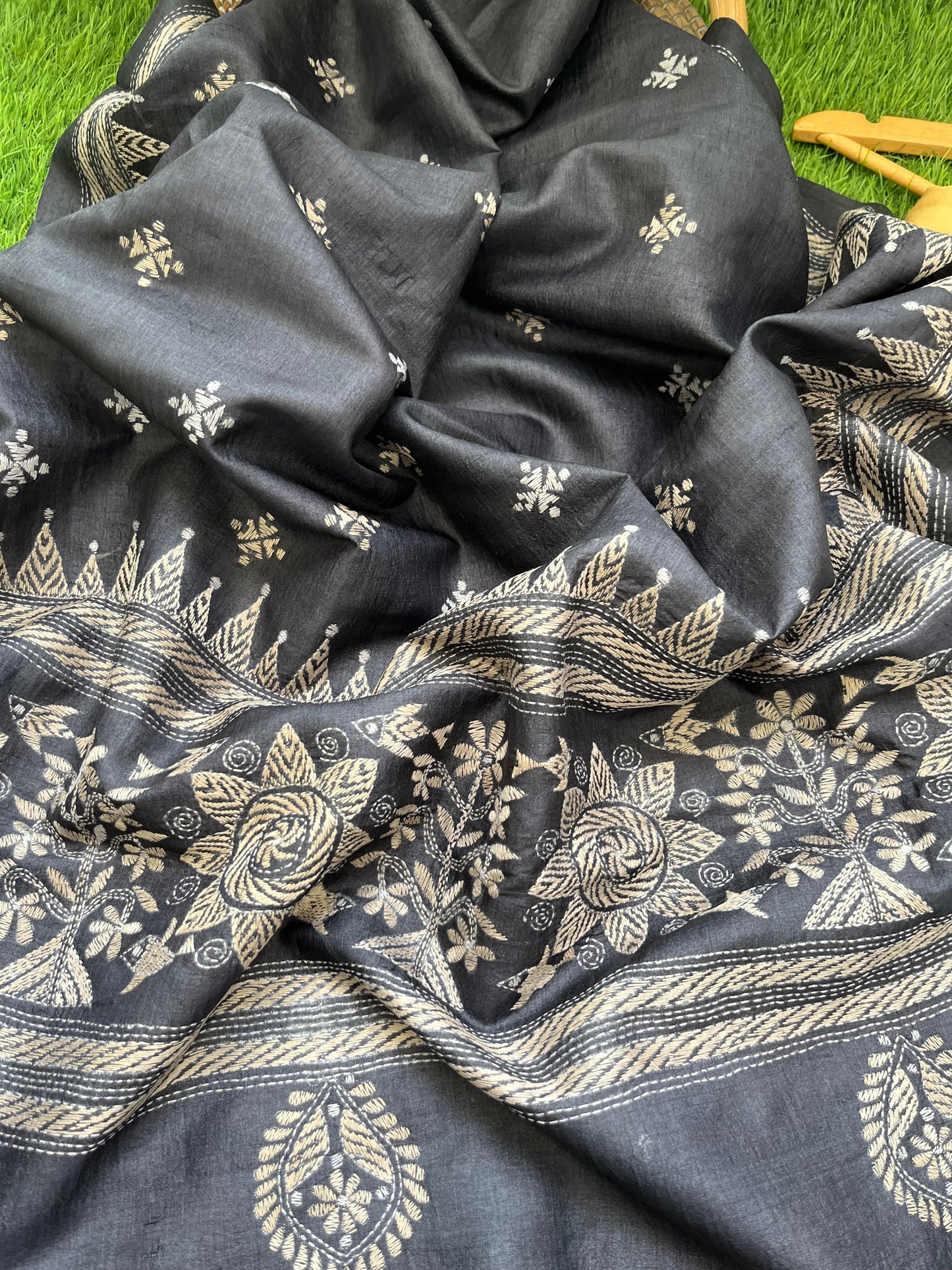 Silk Kantha Dupatta with chanderi silk kurta Bottom fabric