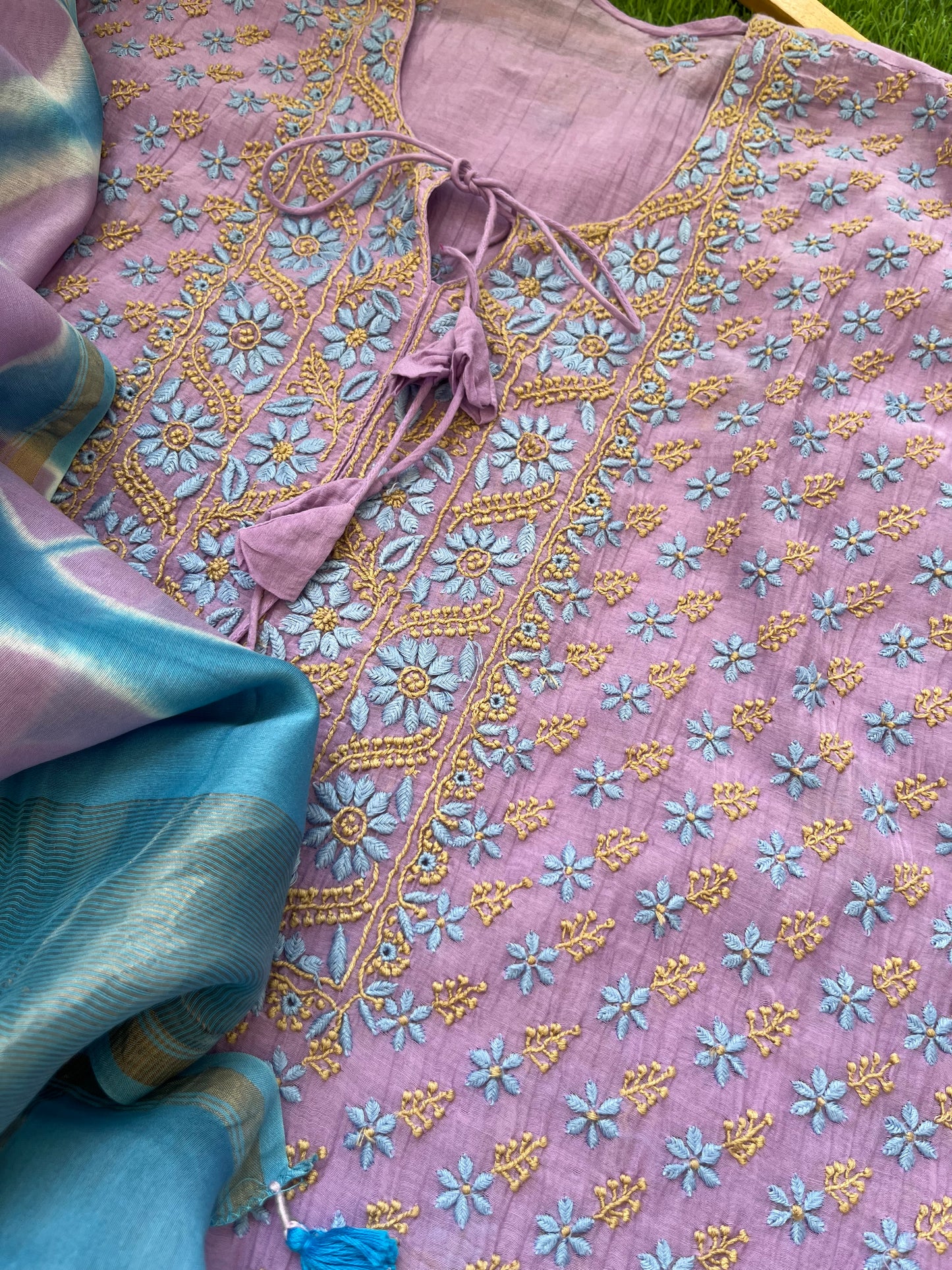 Chanderi Chikankari Kurta clamp dye Dupatta