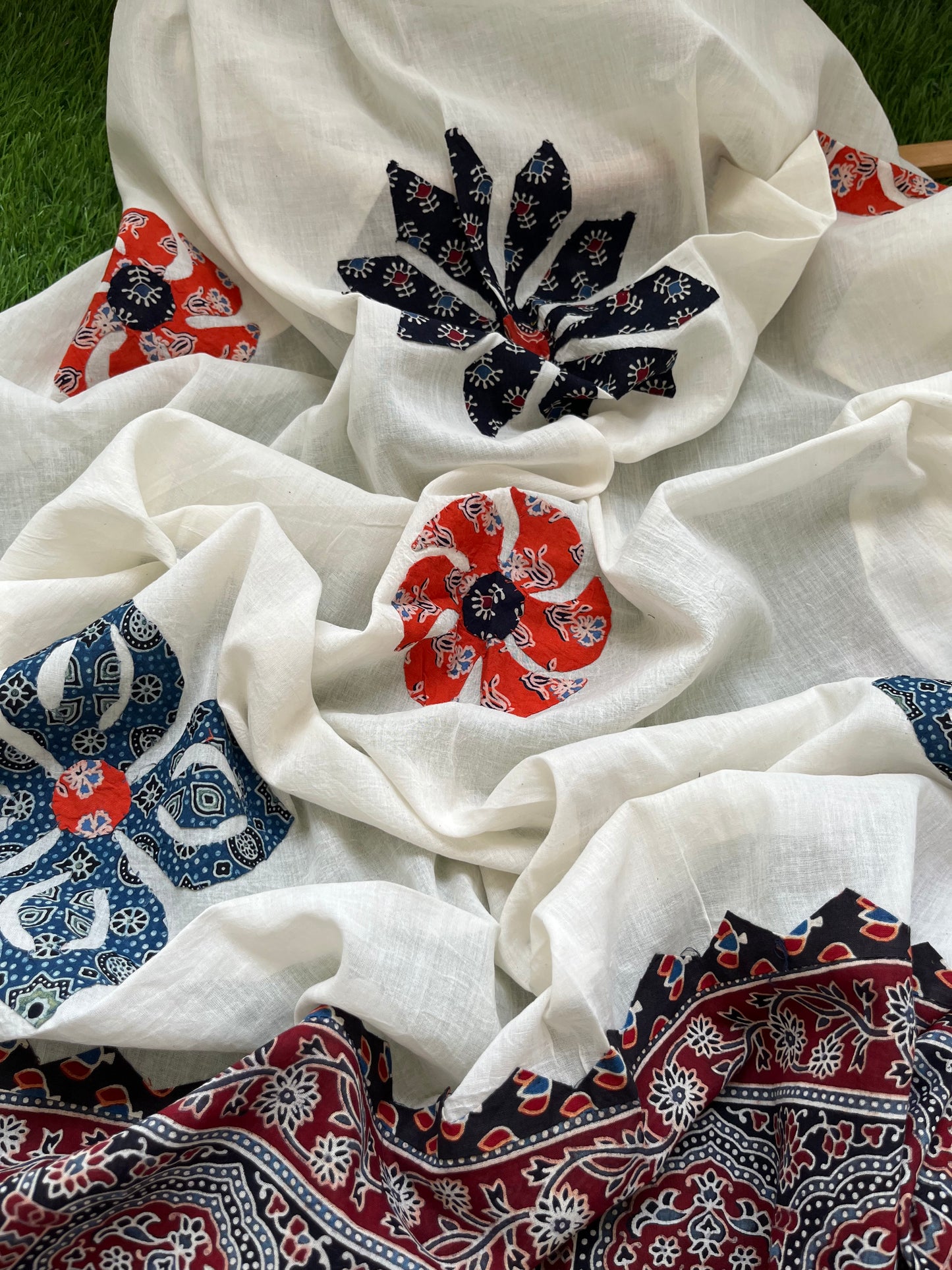 Cotton ajrakh kurta applique work dupatta set