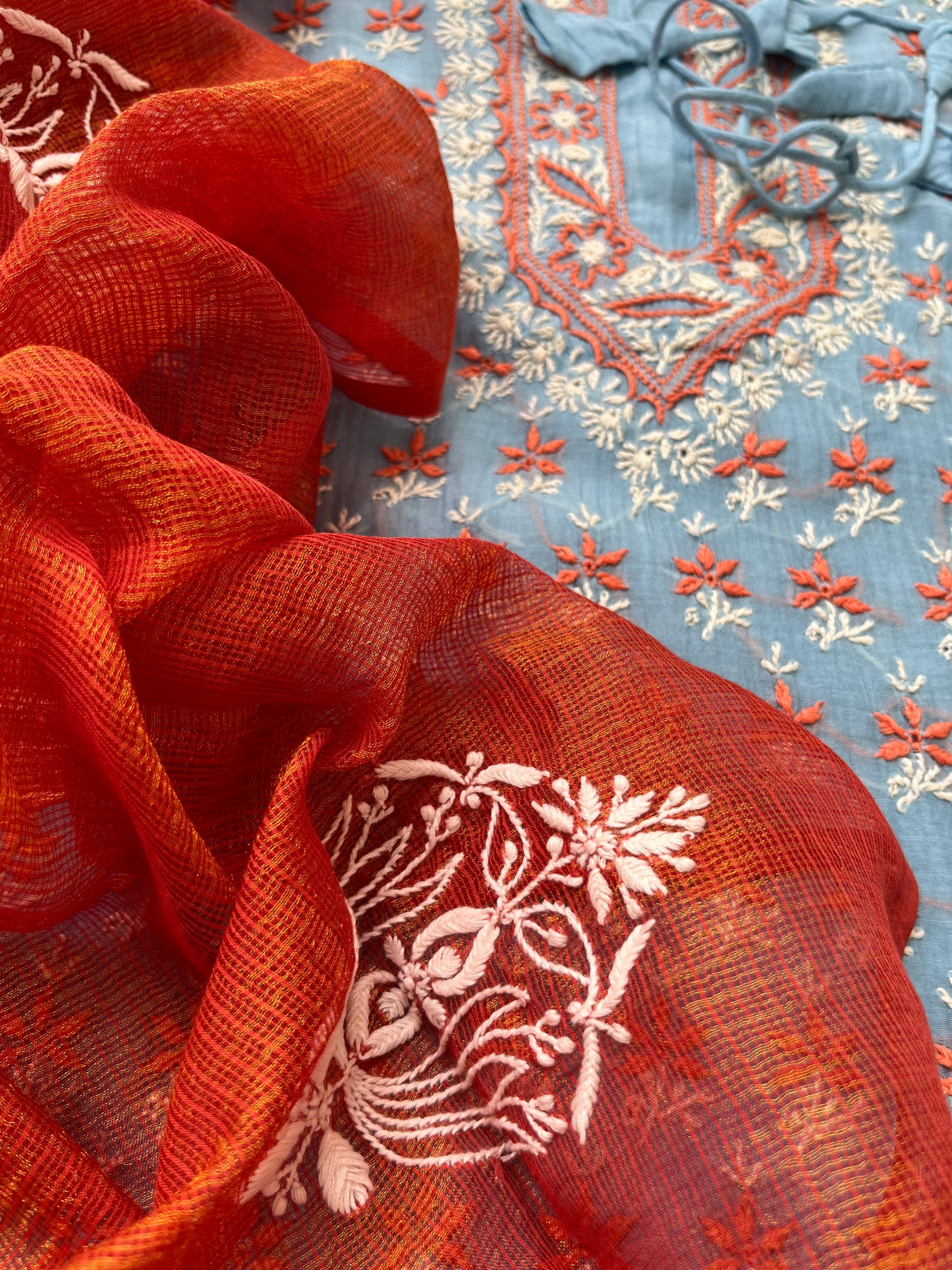 Chanderi Chikankari Kurta kota tissue Dupatta