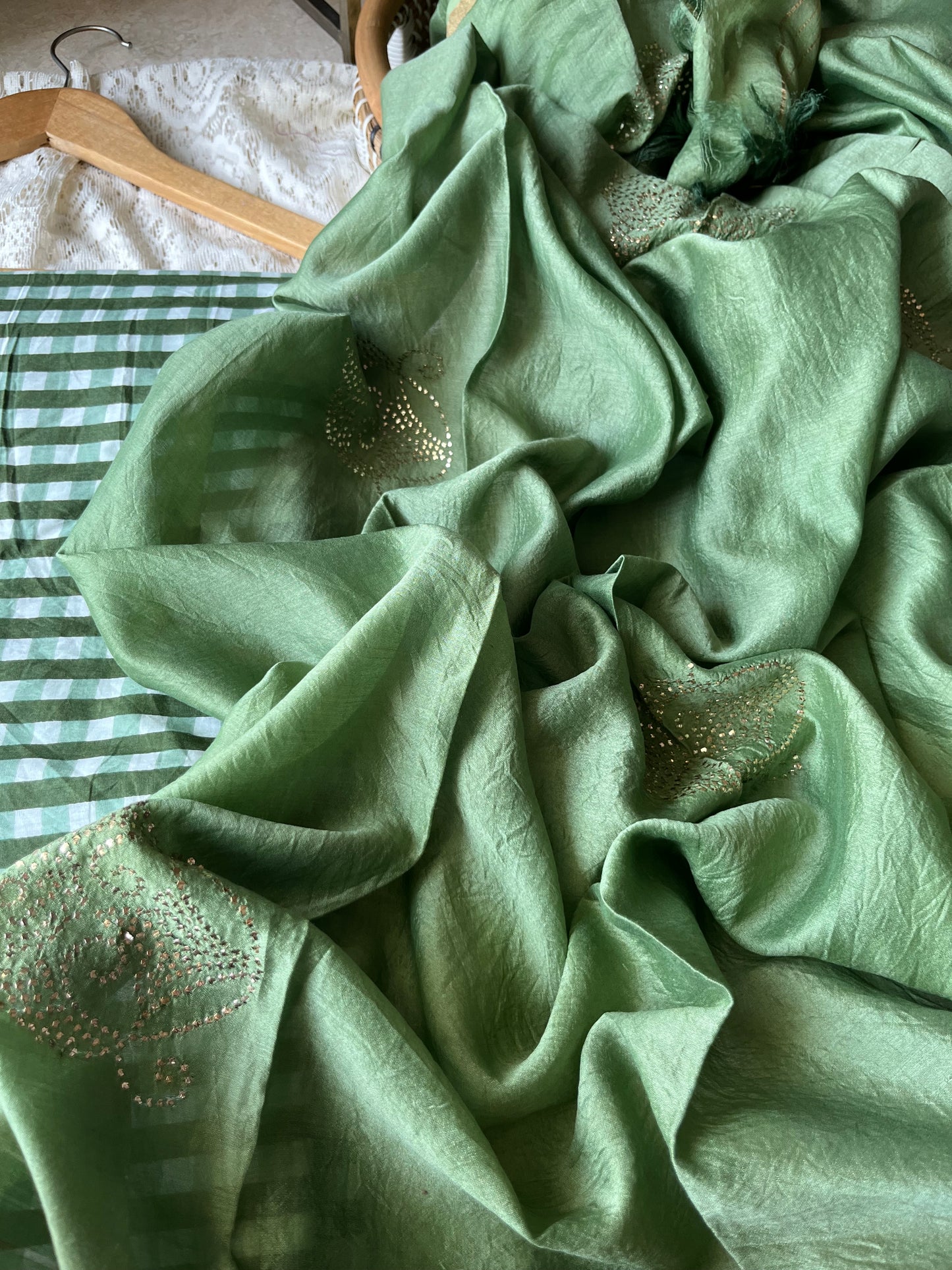 Chanderi Mukaish work Dupatta check cotton kurta bottom fabric