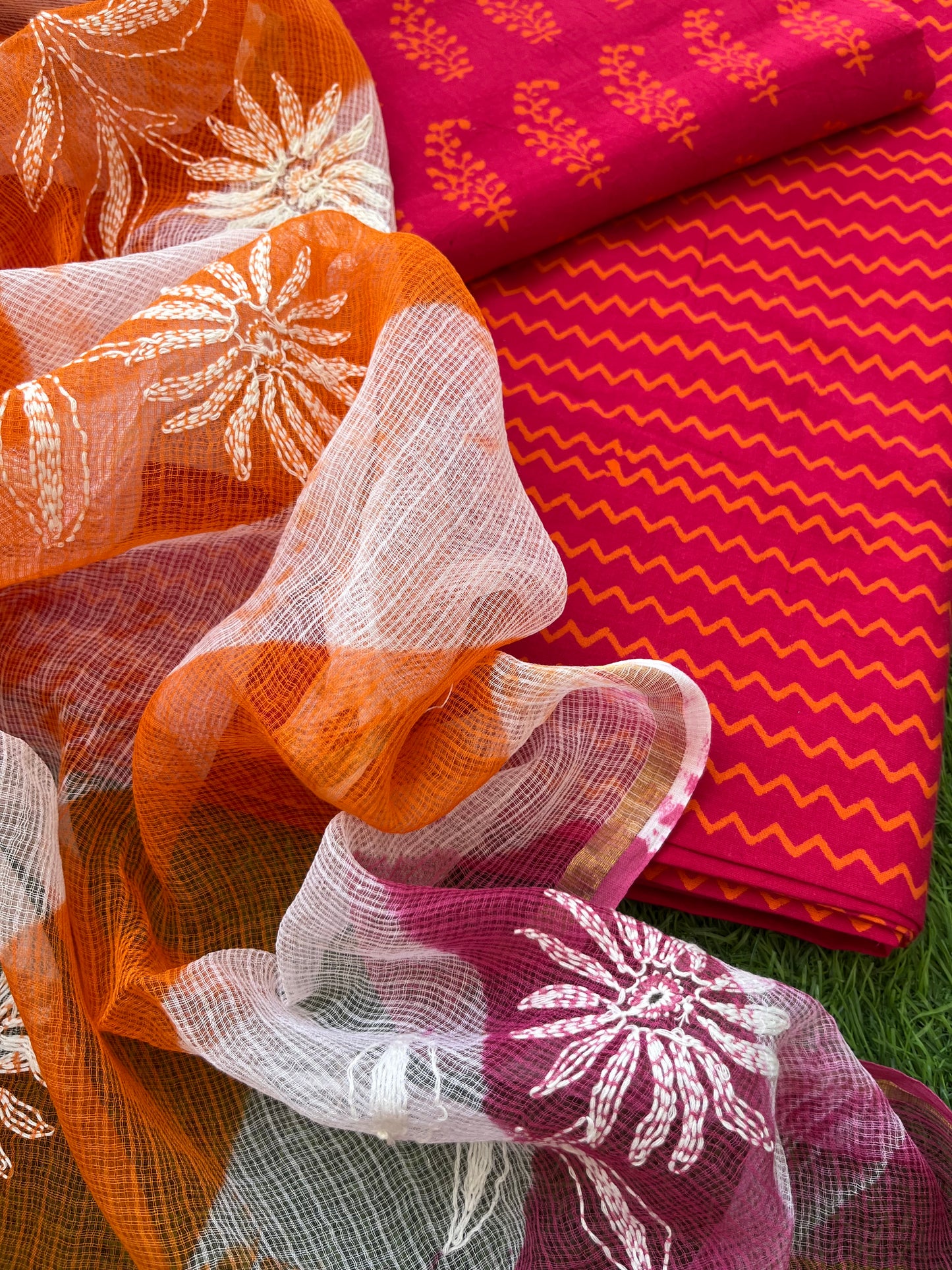 Cotton kurta bottom Kota Doria chikankari dupatta