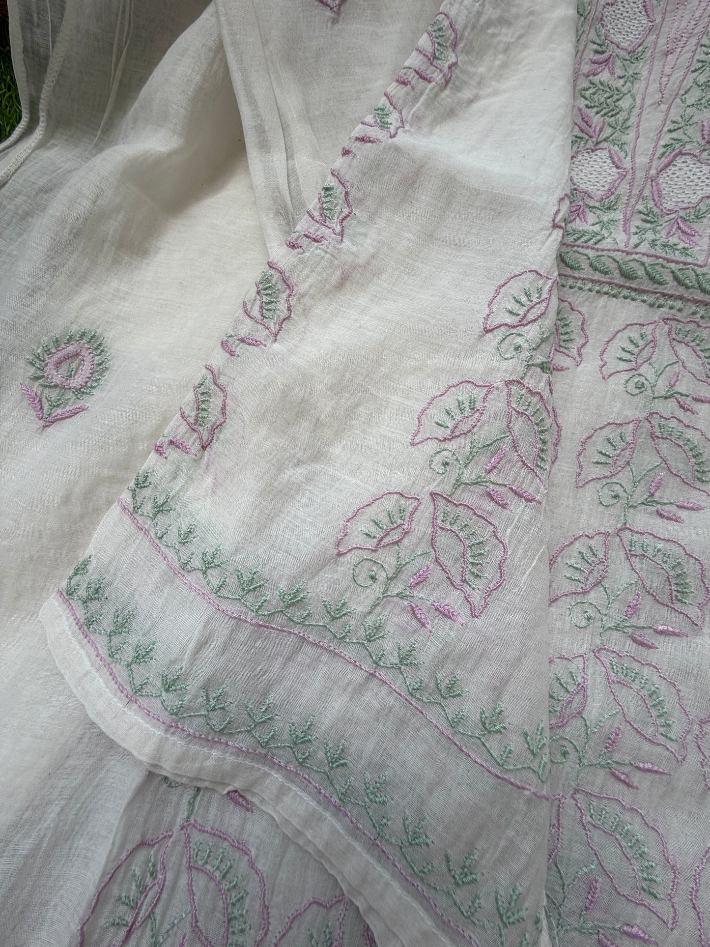 Semi stitched Chanderi Chikankari Kurta Dupatta