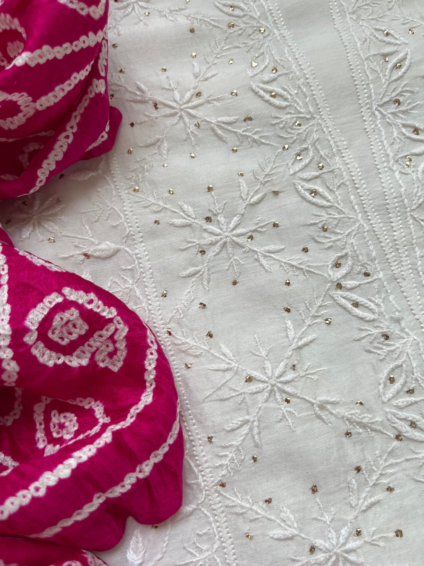 Chanderi Chikankari Kurta gajji silk bandhani Dupatta