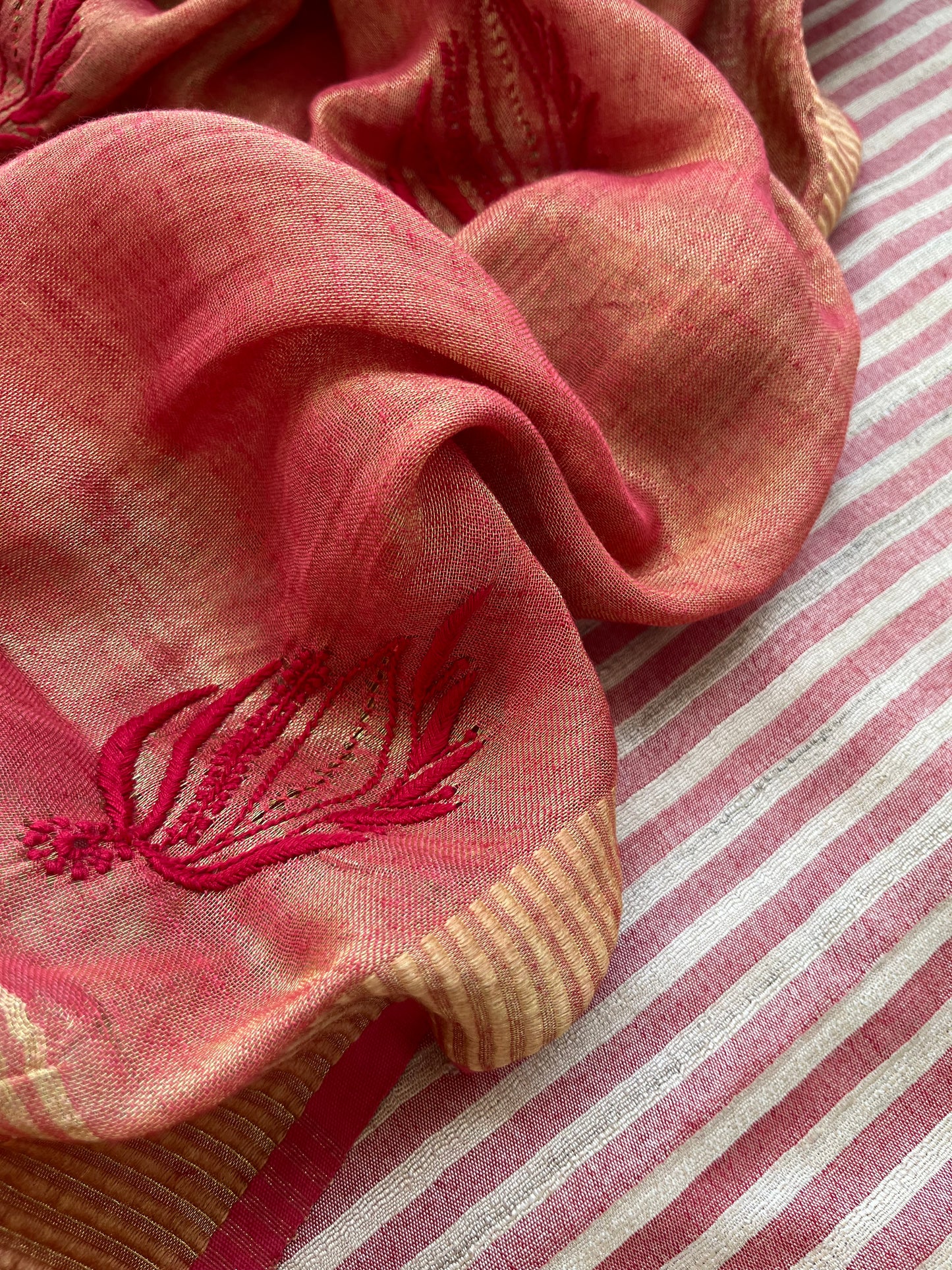 Striped silk kurta bottom fabric linen tissue chikan work dupatta