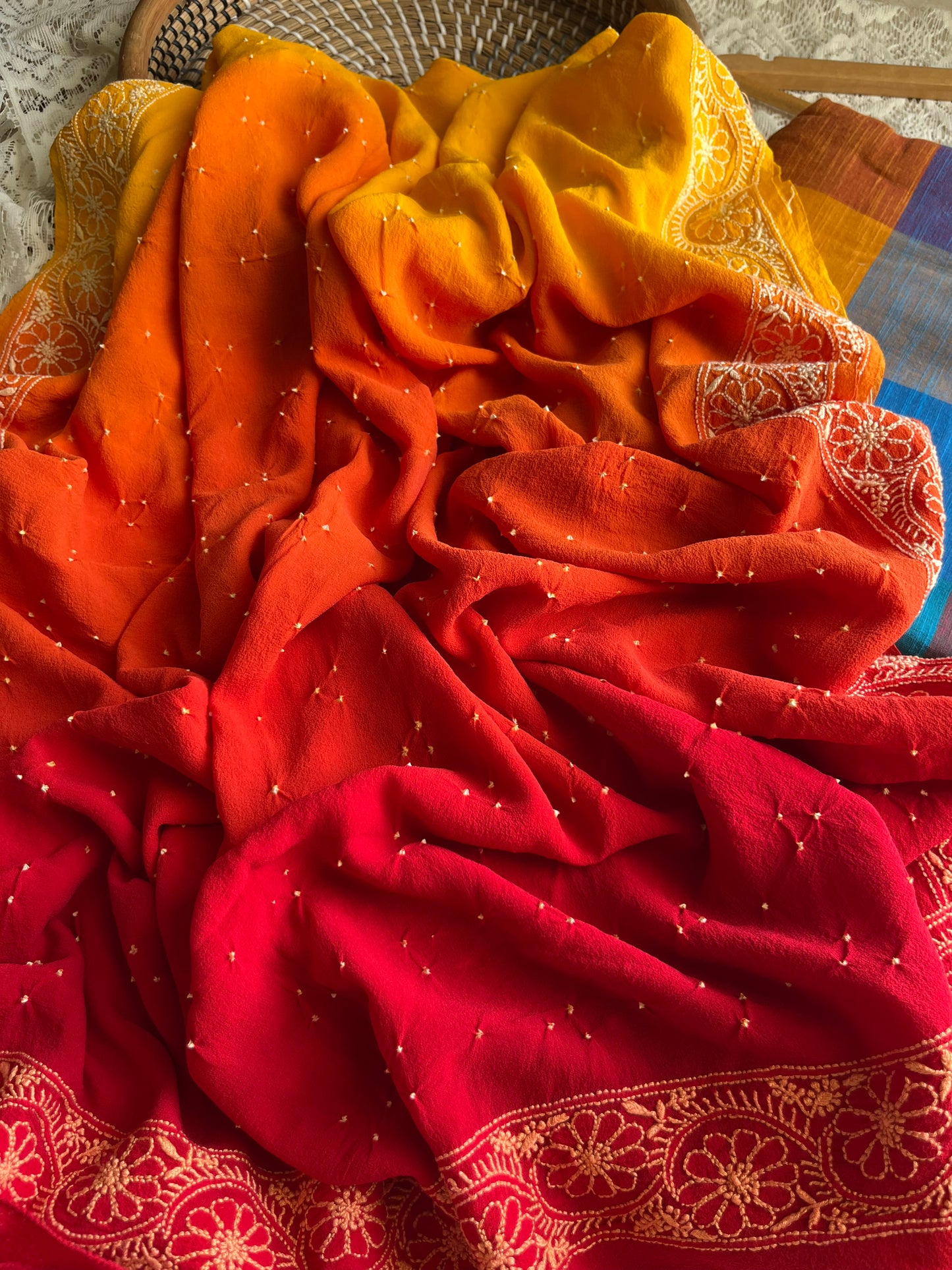 Cotton kurta bottom pure georgette chikankari bandhani dupatta