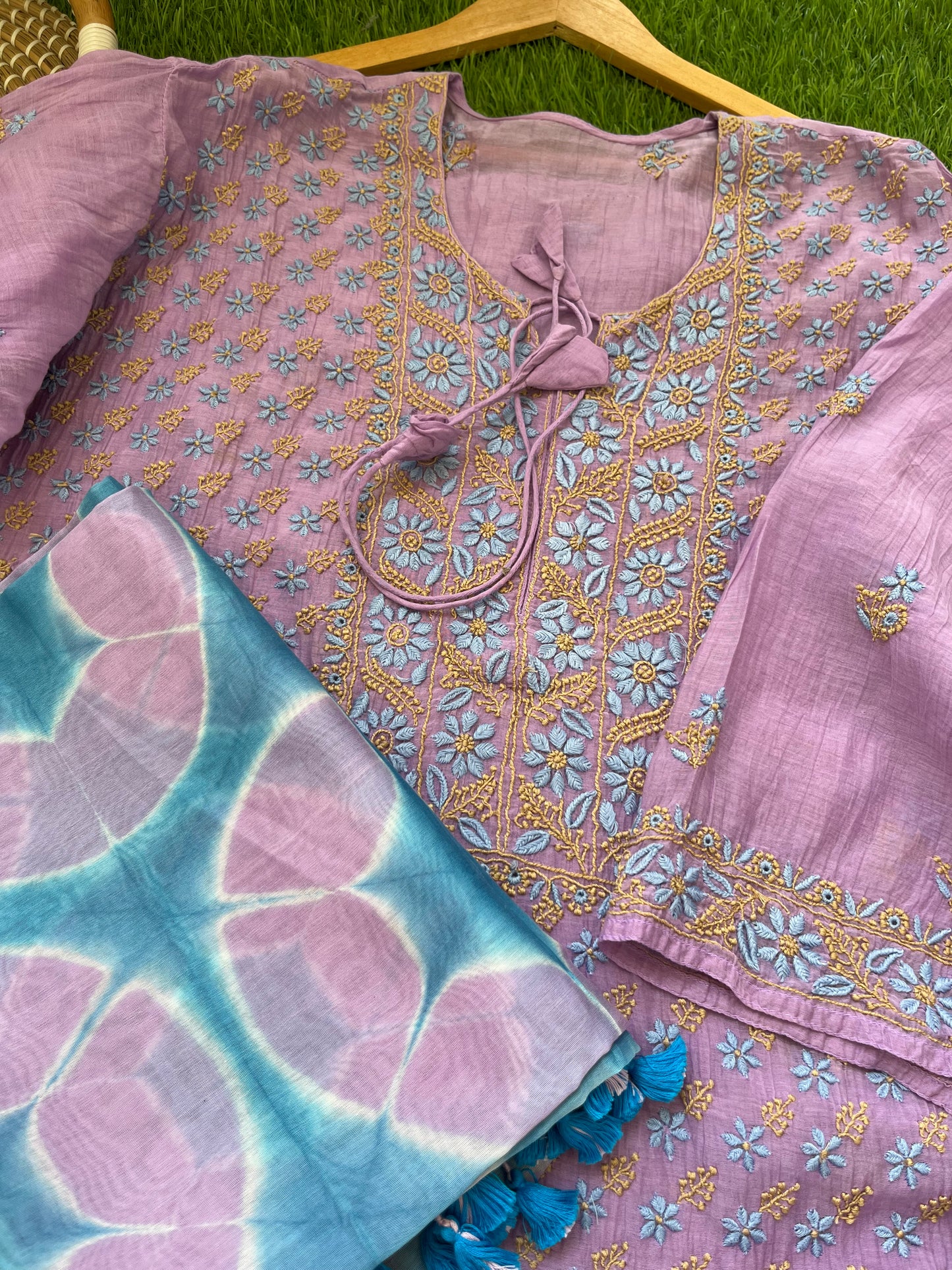 Chanderi Chikankari Kurta clamp dye Dupatta