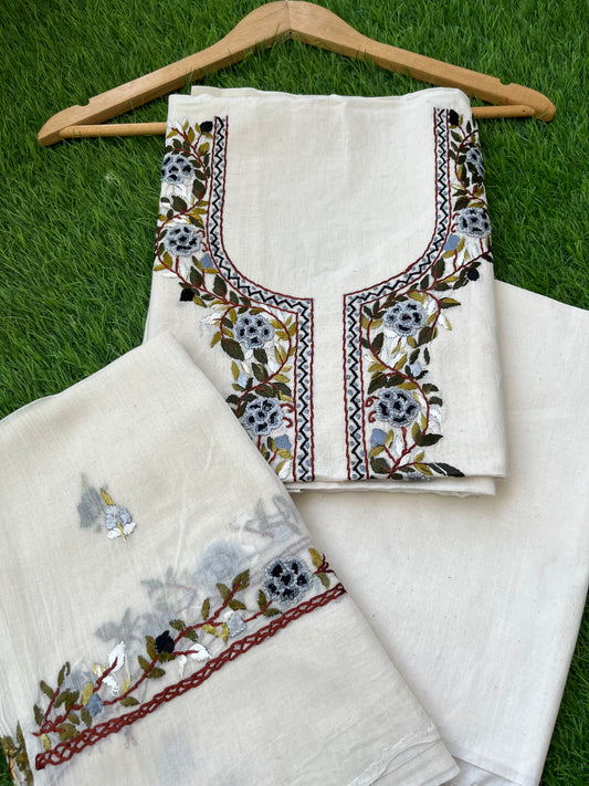 Handwoven Cotton knot work embroidered kurta dupatta and plain bottom fabric