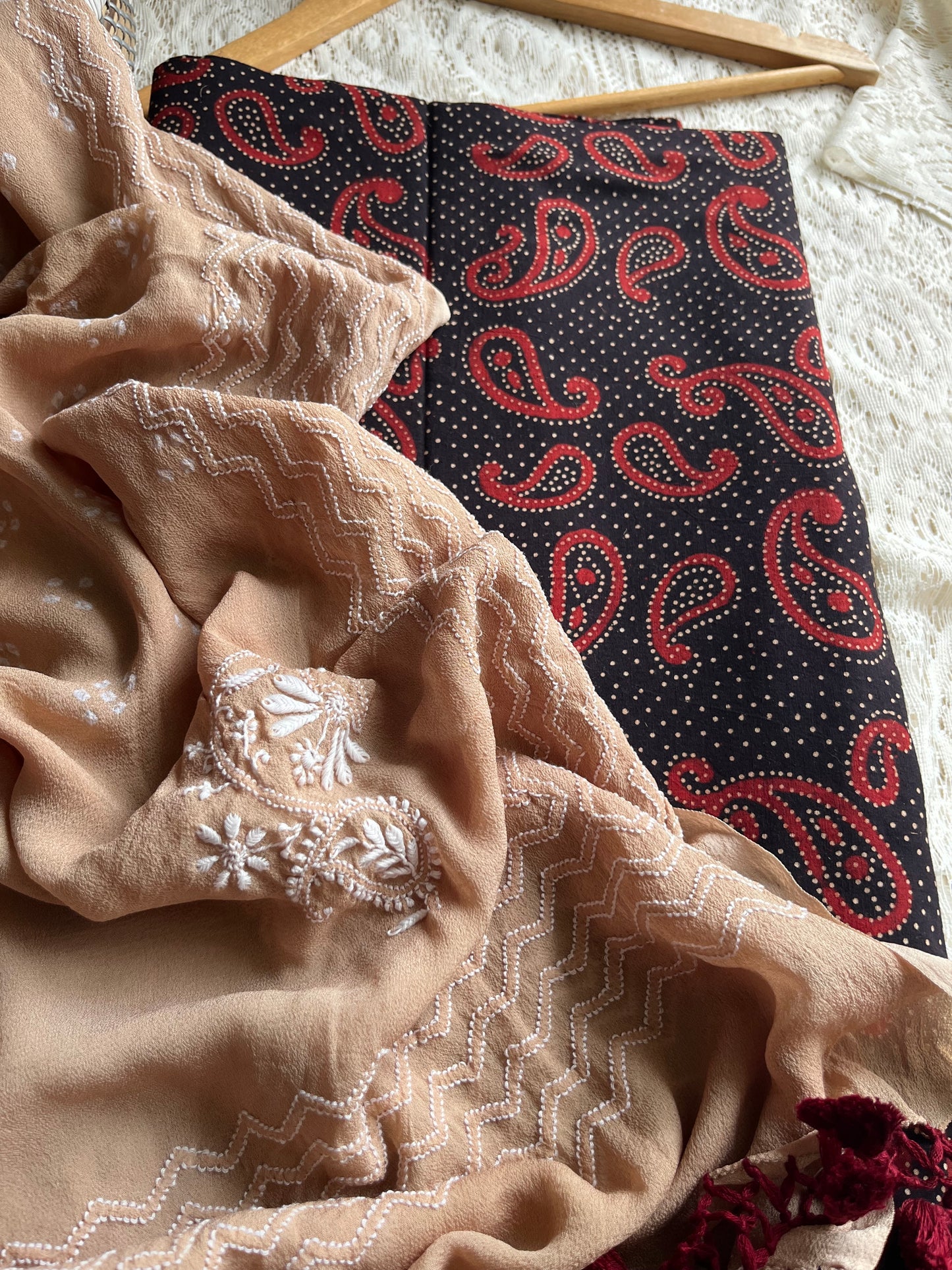 Cotton kurta bottom pure georgette chikankari bandhani dupatta