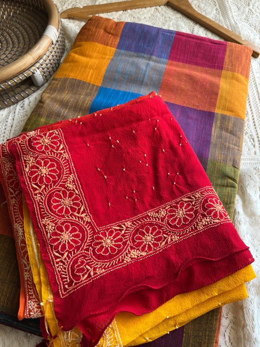 Cotton kurta bottom pure georgette chikankari bandhani dupatta