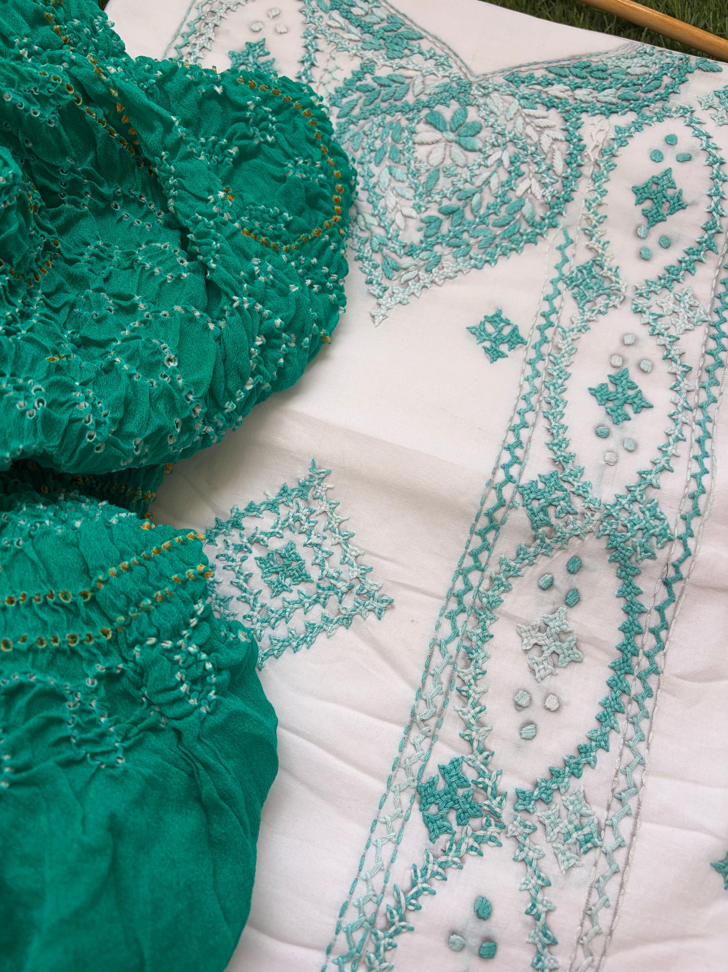 Cotton sindhi work kurta fabric with chinon dupatta