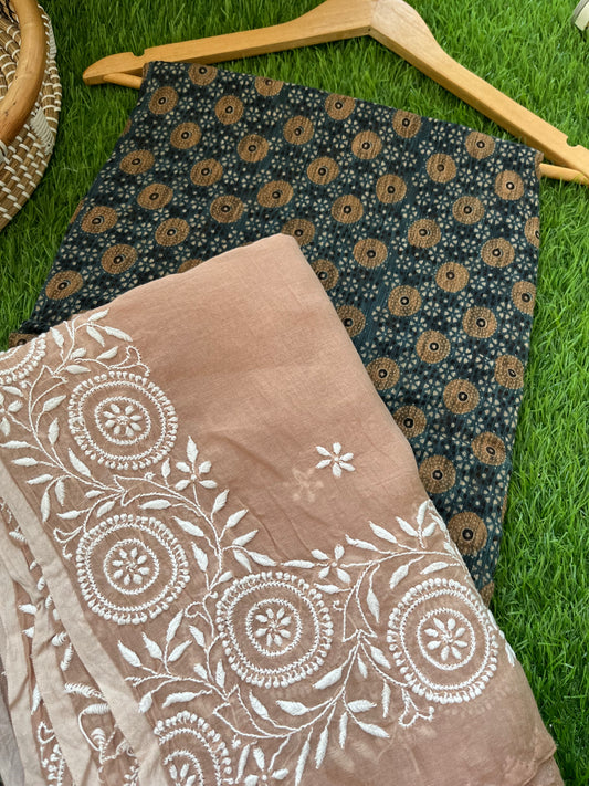 रोज़ाना  :Chanderi Chikankari Dupatta with chanderi ajrakh print kurta Fabric