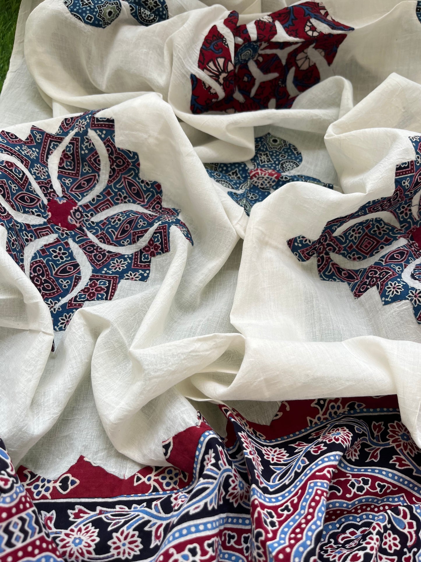 Cotton ajrakh kurta applique work dupatta set