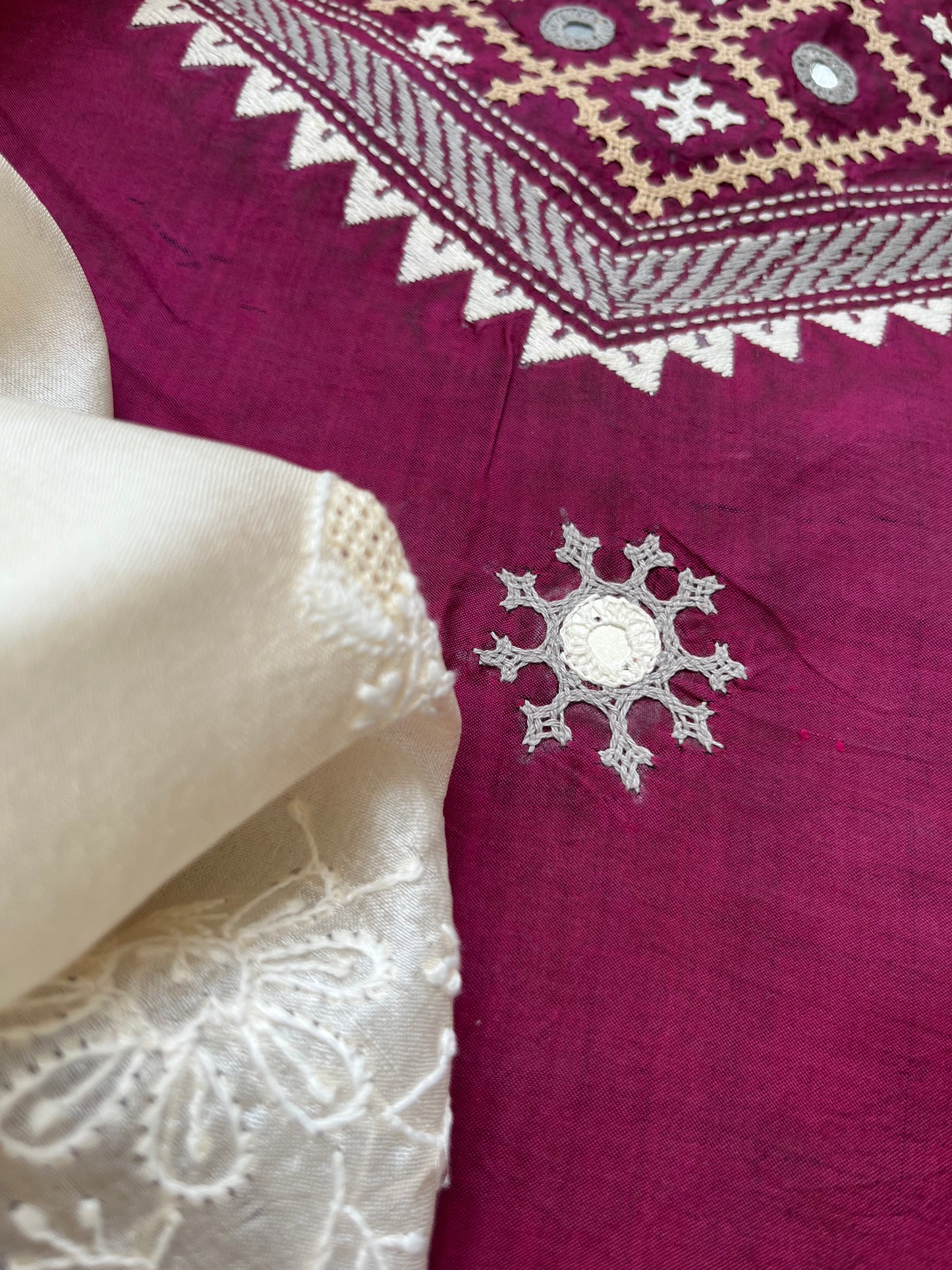 Silk sindhi work kurta fabric with silk chikankari dupatta