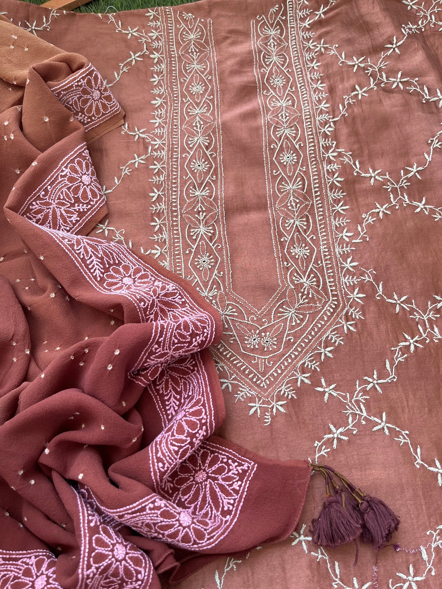 Chanderi Chikankari kurta with georgette dupatta