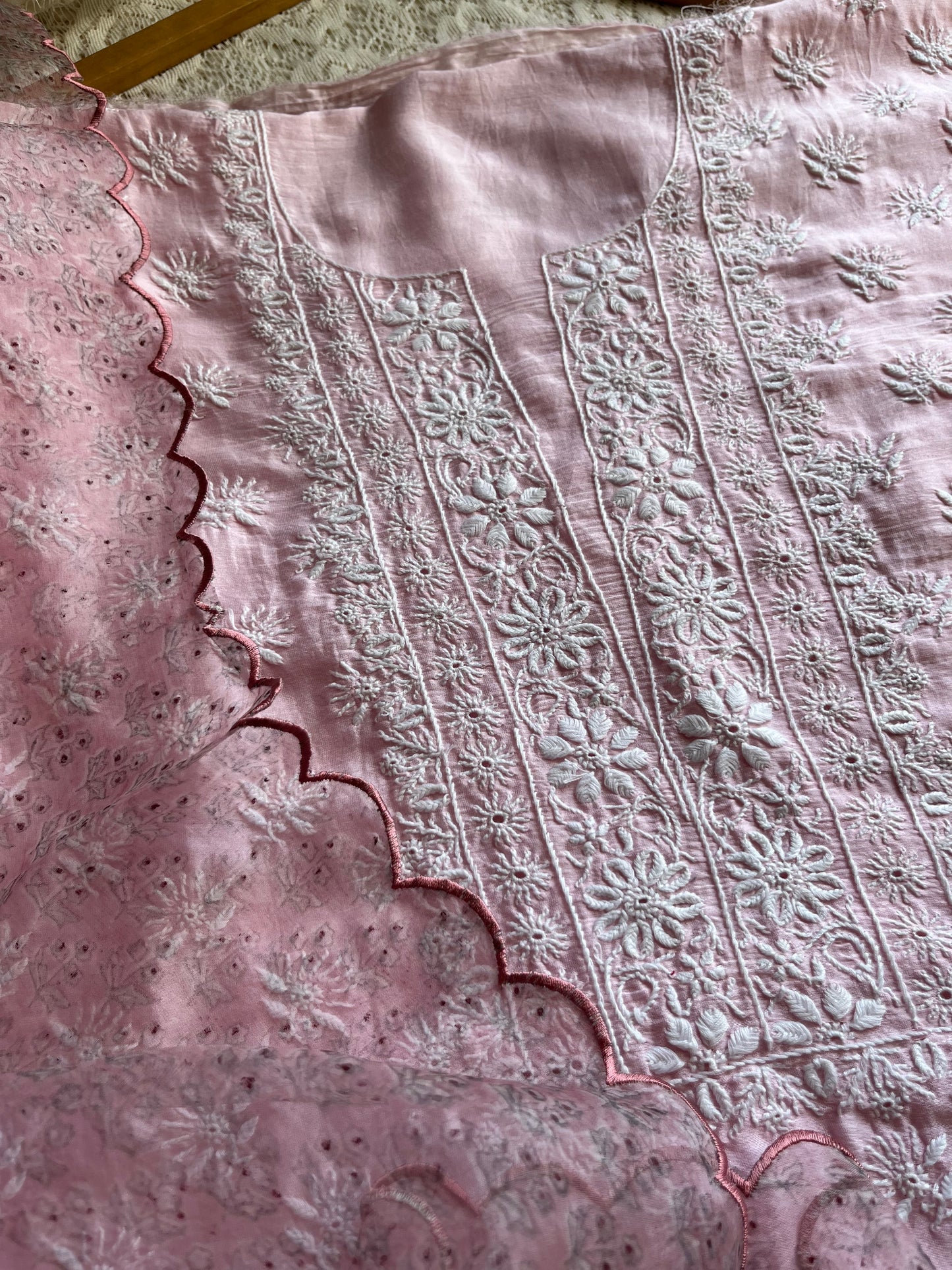 Chanderi Chikankari kurta with organza dupatta