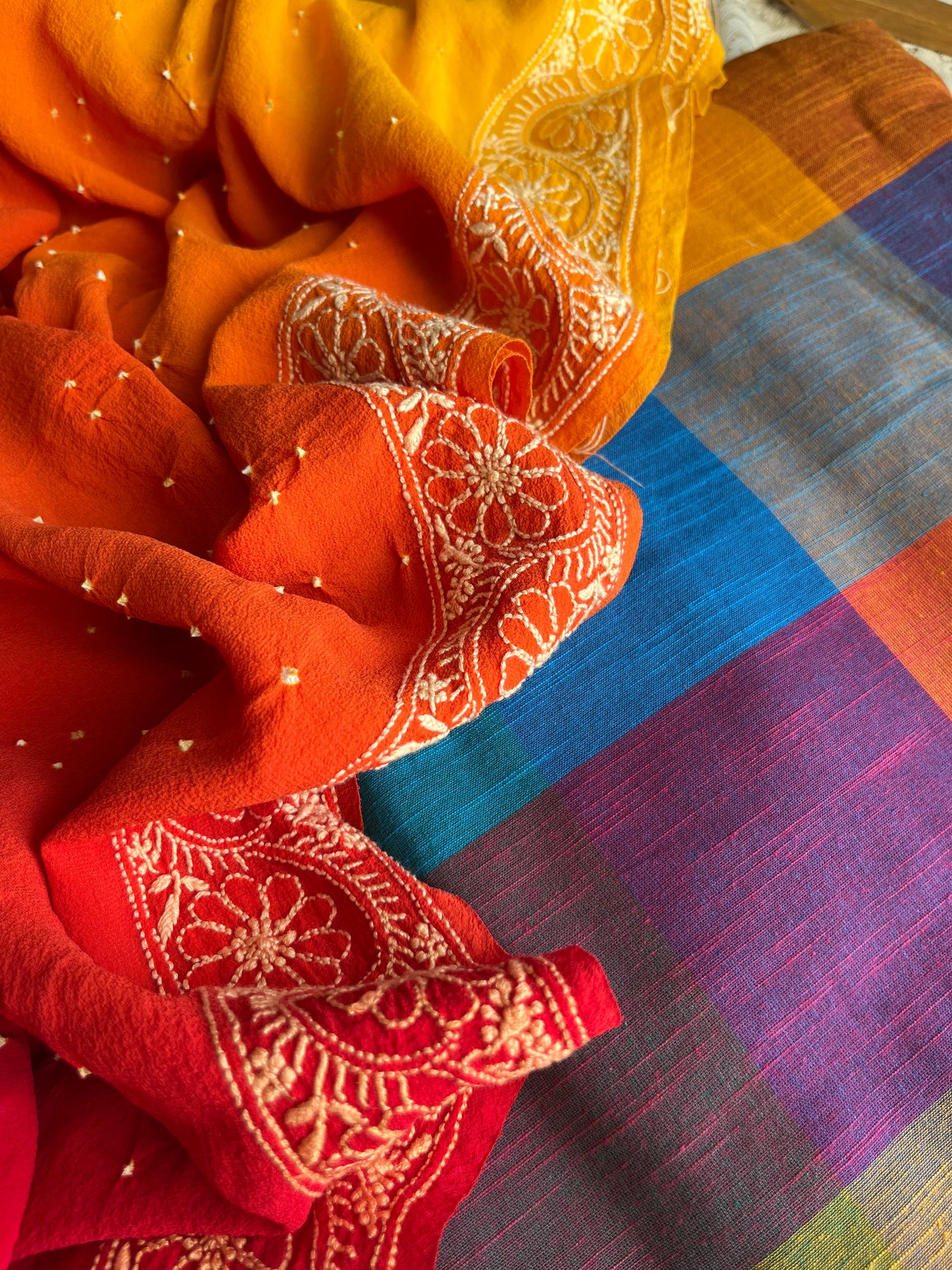 Cotton kurta bottom pure georgette chikankari bandhani dupatta