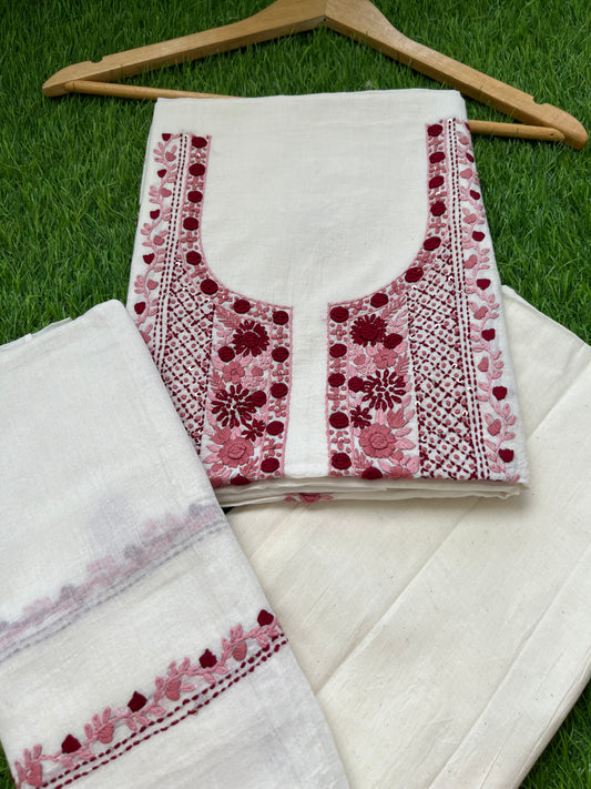 Handwoven Cotton knot work embroidered kurta dupatta and plain bottom fabric