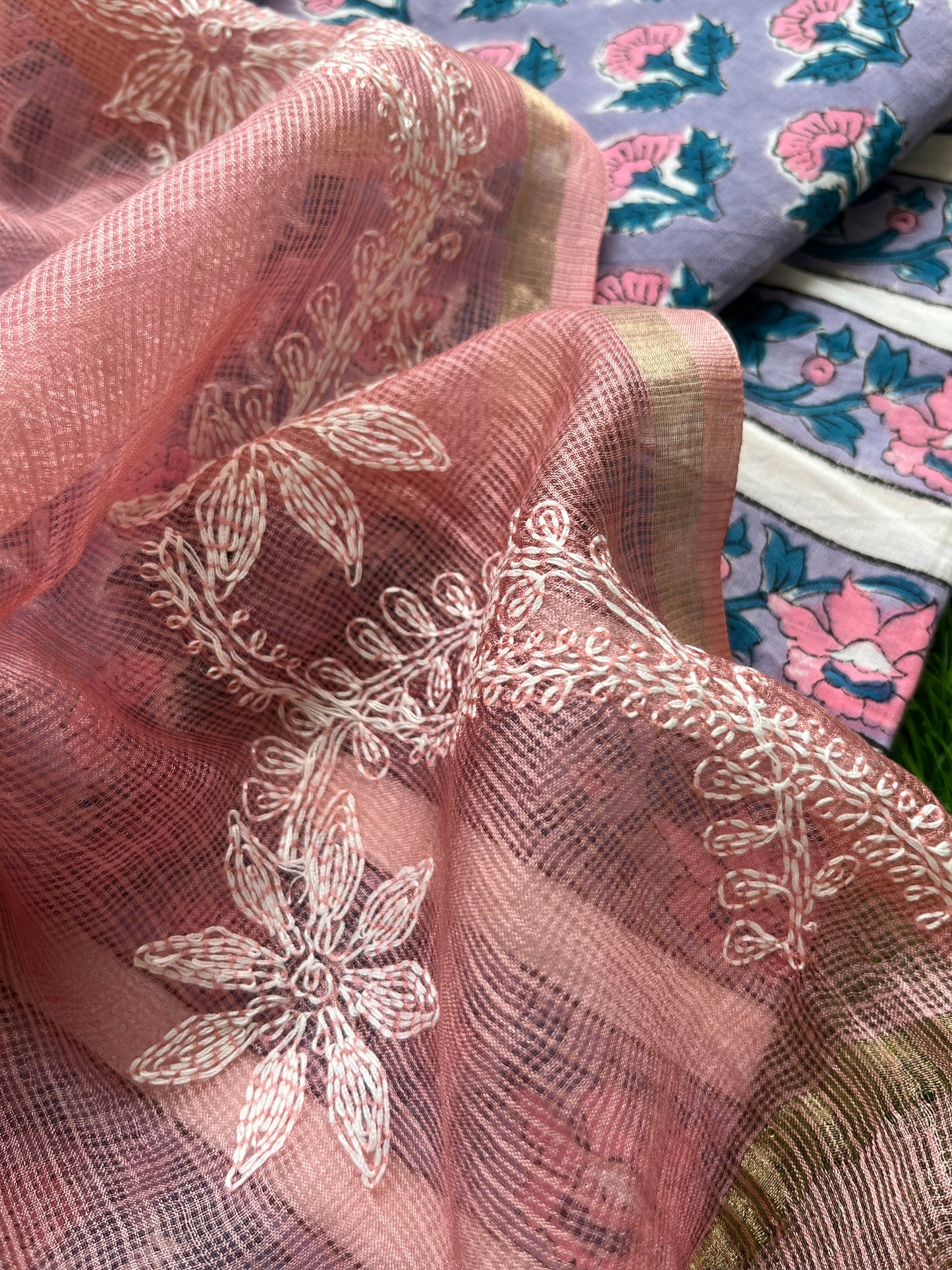 Kota silk Chikankari Dupatta with cotton kurta bottom Fabric