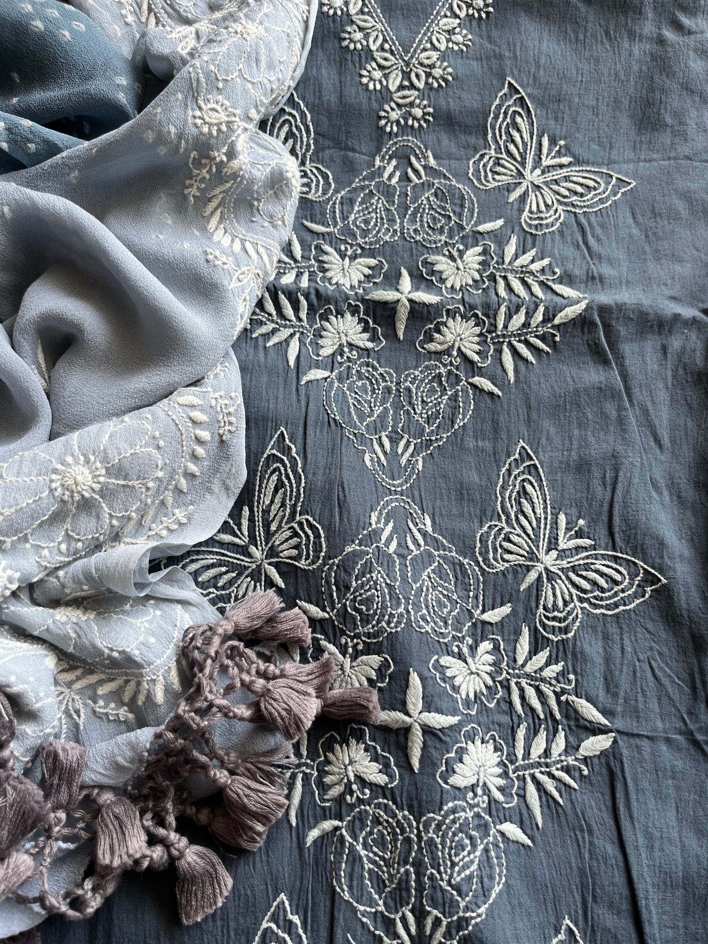 Chanderi Chikankari kurta with tussar dupatta