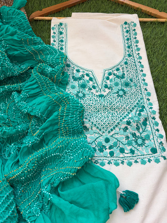 Handwoven Cotton knot work embroidered kurta fabric bandhani Dupatta