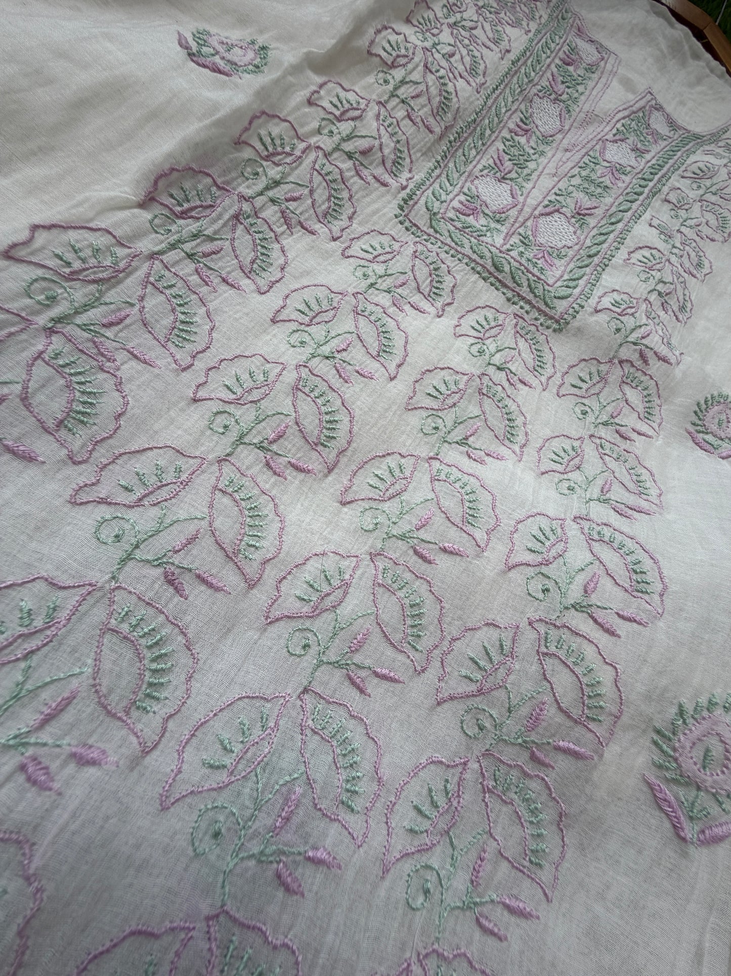 Semi stitched Chanderi Chikankari Kurta Dupatta