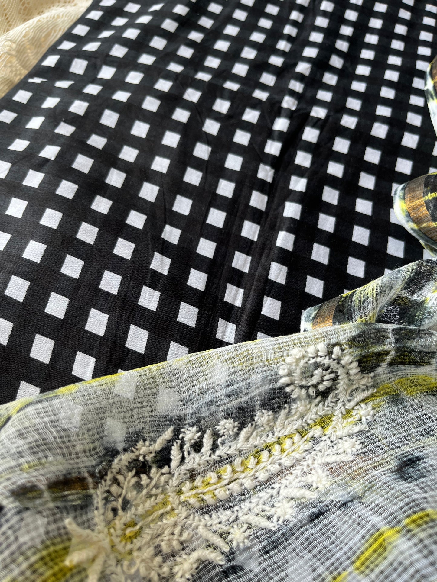 Cotton check kurta bottom fabric kota doria chikan work dupatta