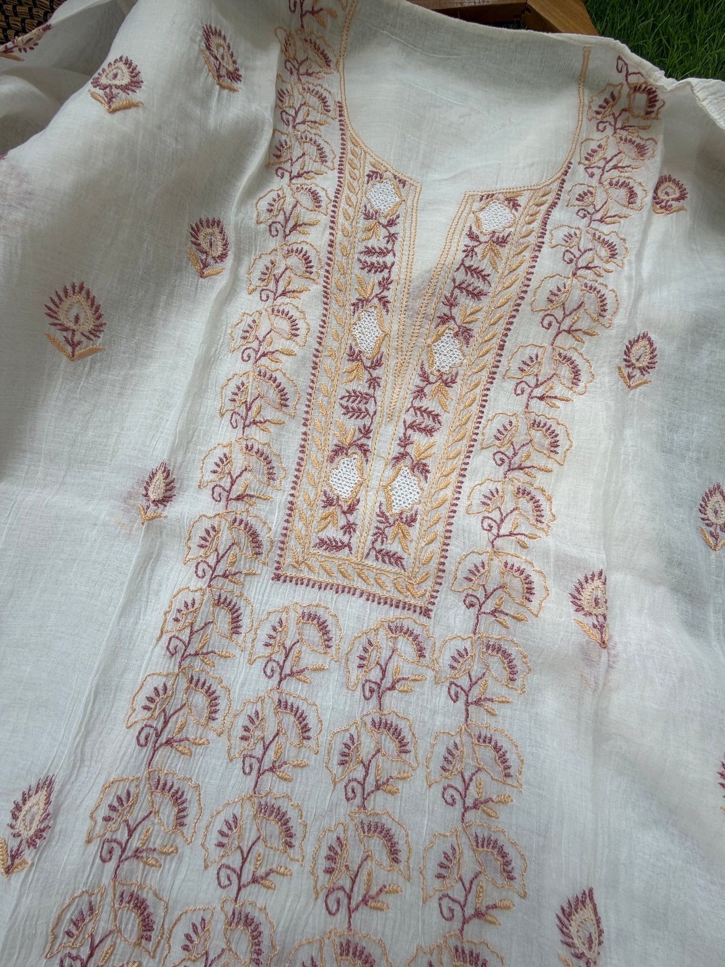 Semi stitched Chanderi Chikankari Kurta Dupatta