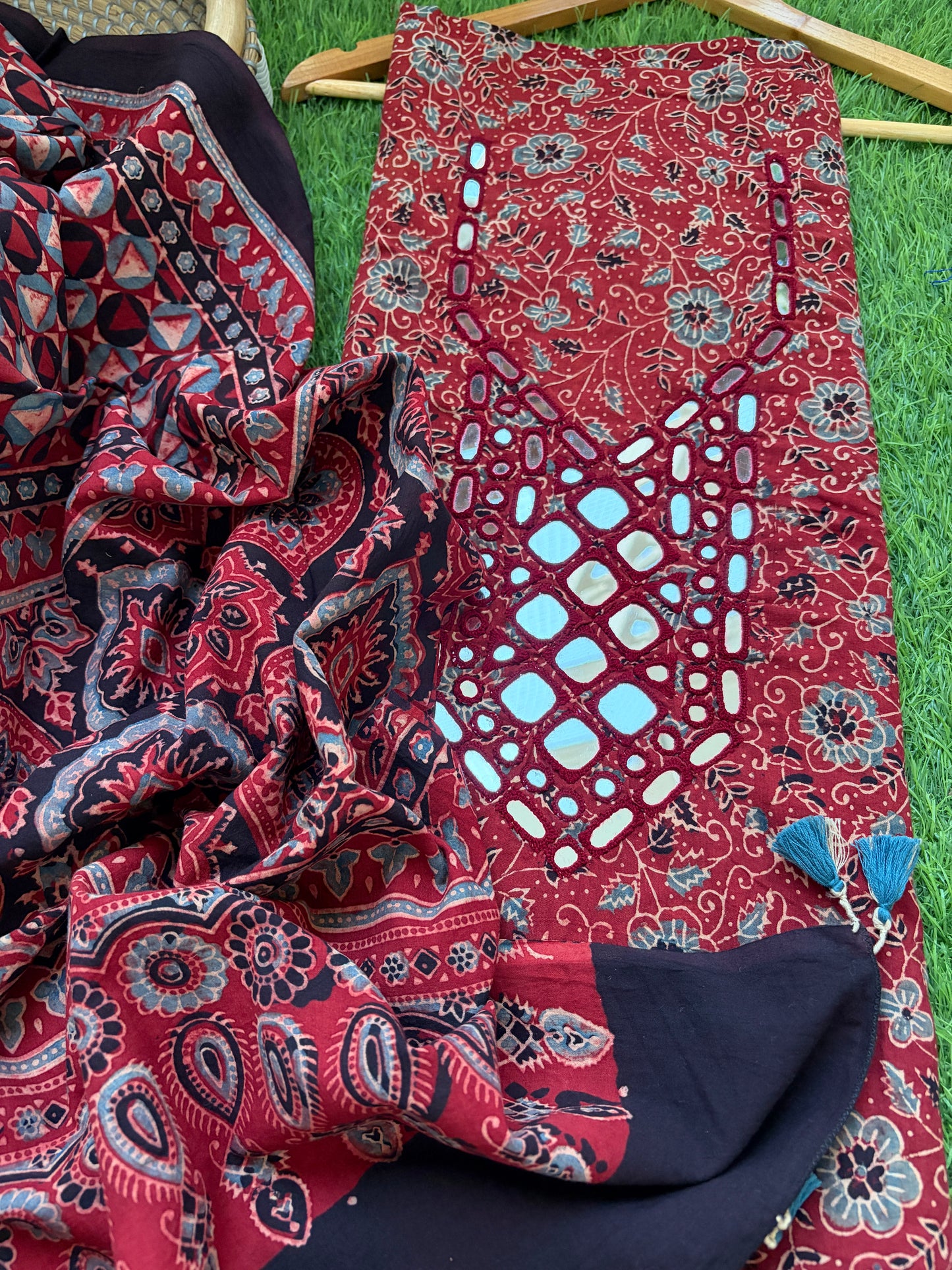 Ajrakh Cotton Mirror work kurta Dupatta