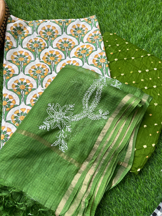 Chikankari kota silk Dupatta and block print kurta bandhani bottom Fabric