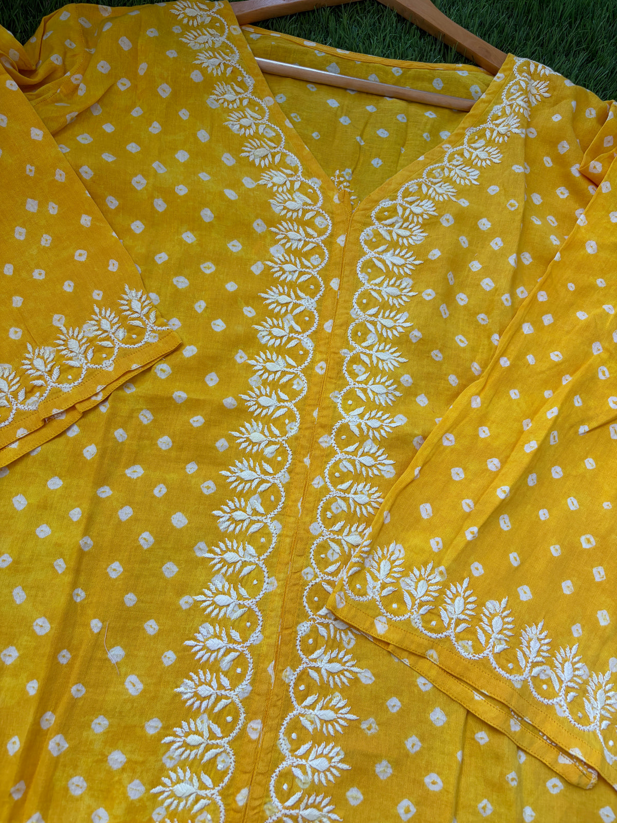 Cotton Bandhani chikan shirt and a-bottom