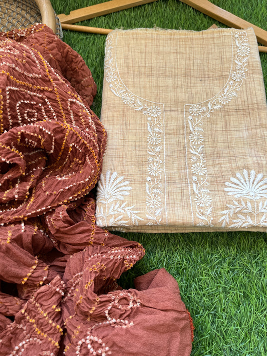 Chikankari kurta with chinon bandhani dupatta