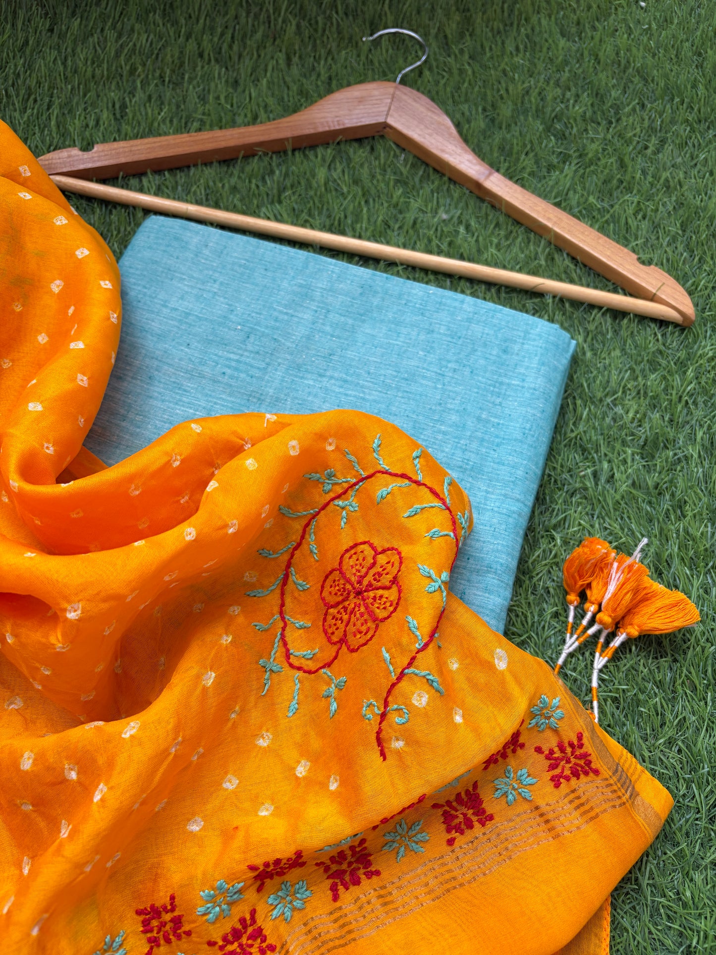 Plain khadi kurta bottom pure chanderi bandhani chikankari dupatta