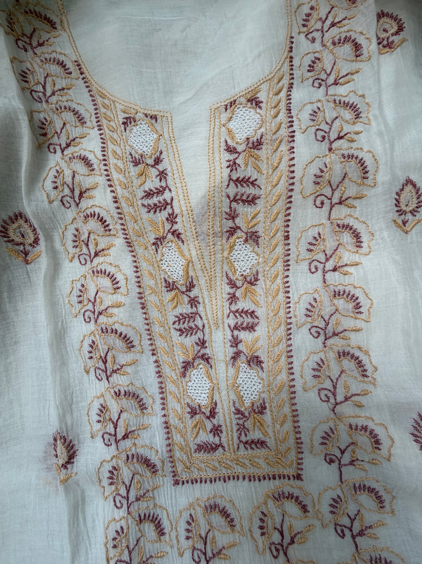 Semi stitched Chanderi Chikankari Kurta Dupatta