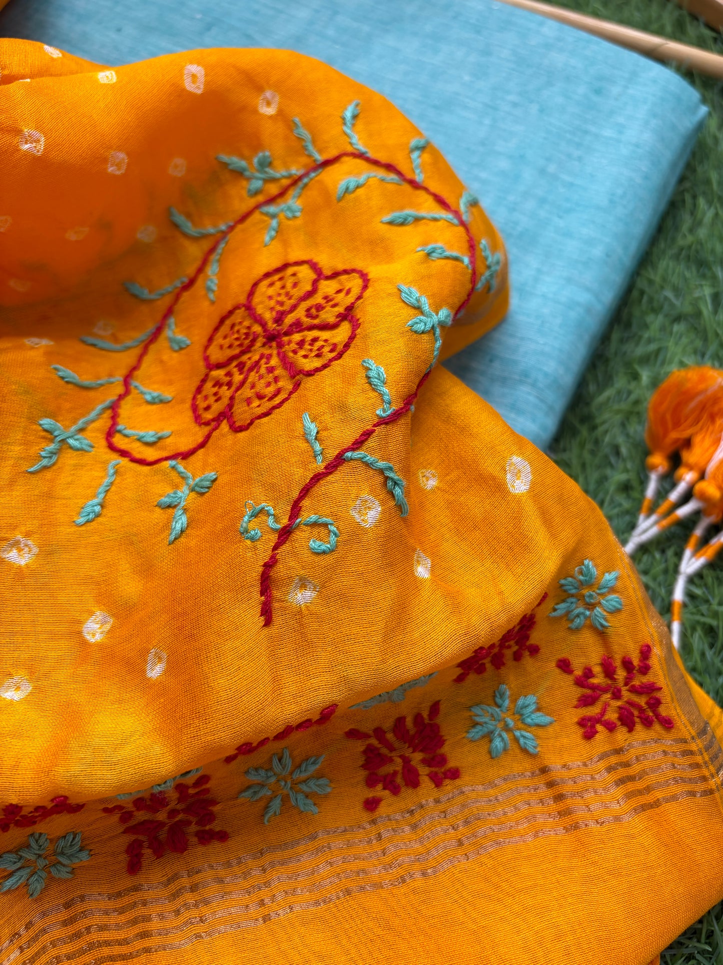 Plain khadi kurta bottom pure chanderi bandhani chikankari dupatta