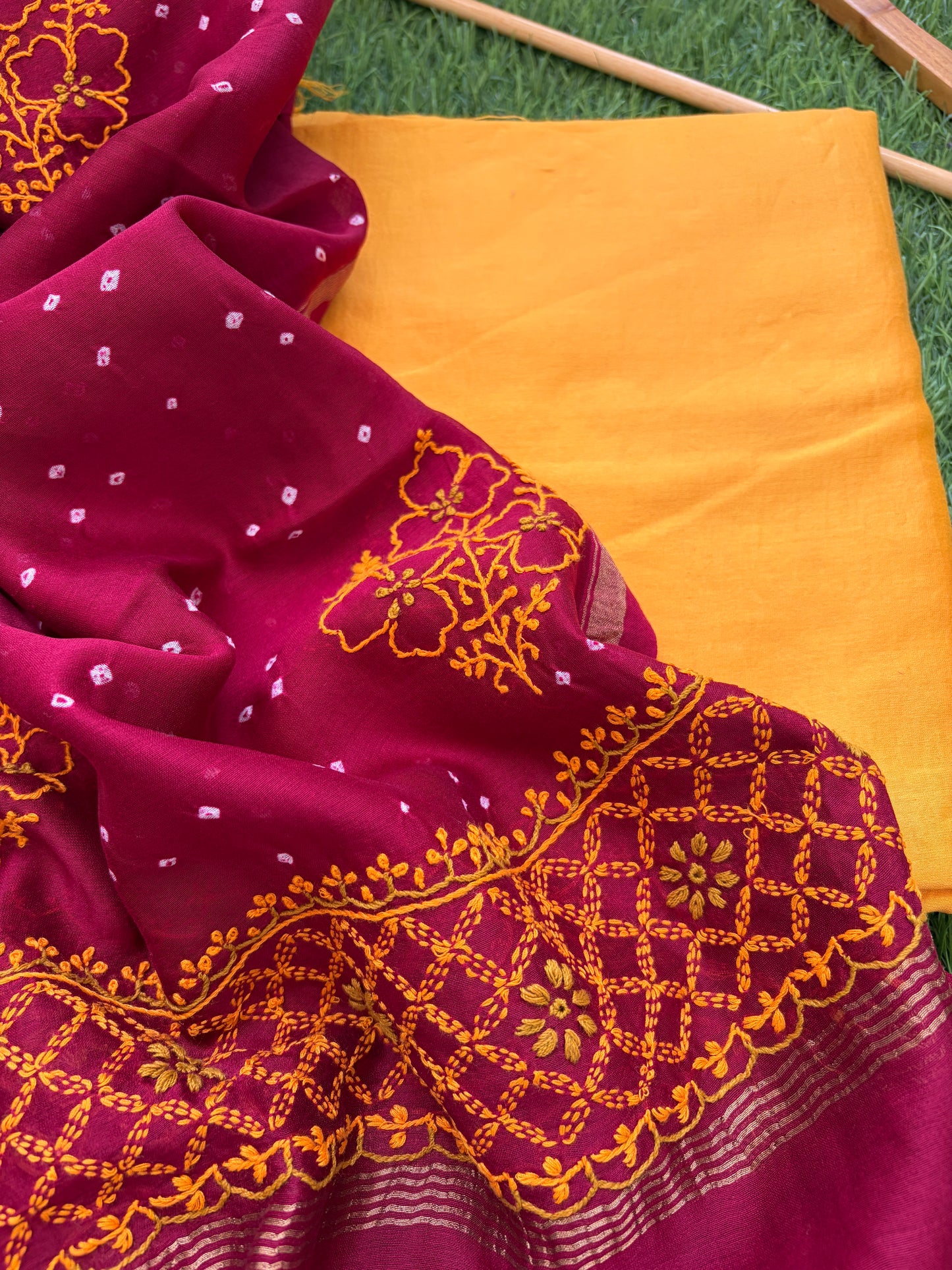 Plain chanderi kurta bottom pure chanderi bandhani chikankari dupatta