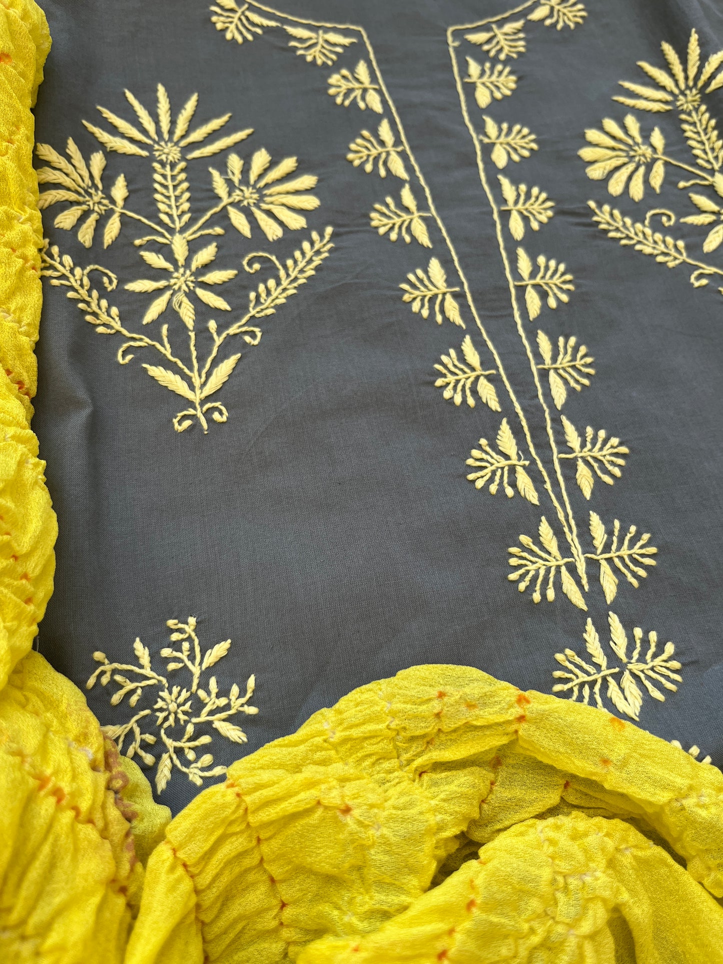Cotton Chikankari kurta with chinon bandhani dupatta
