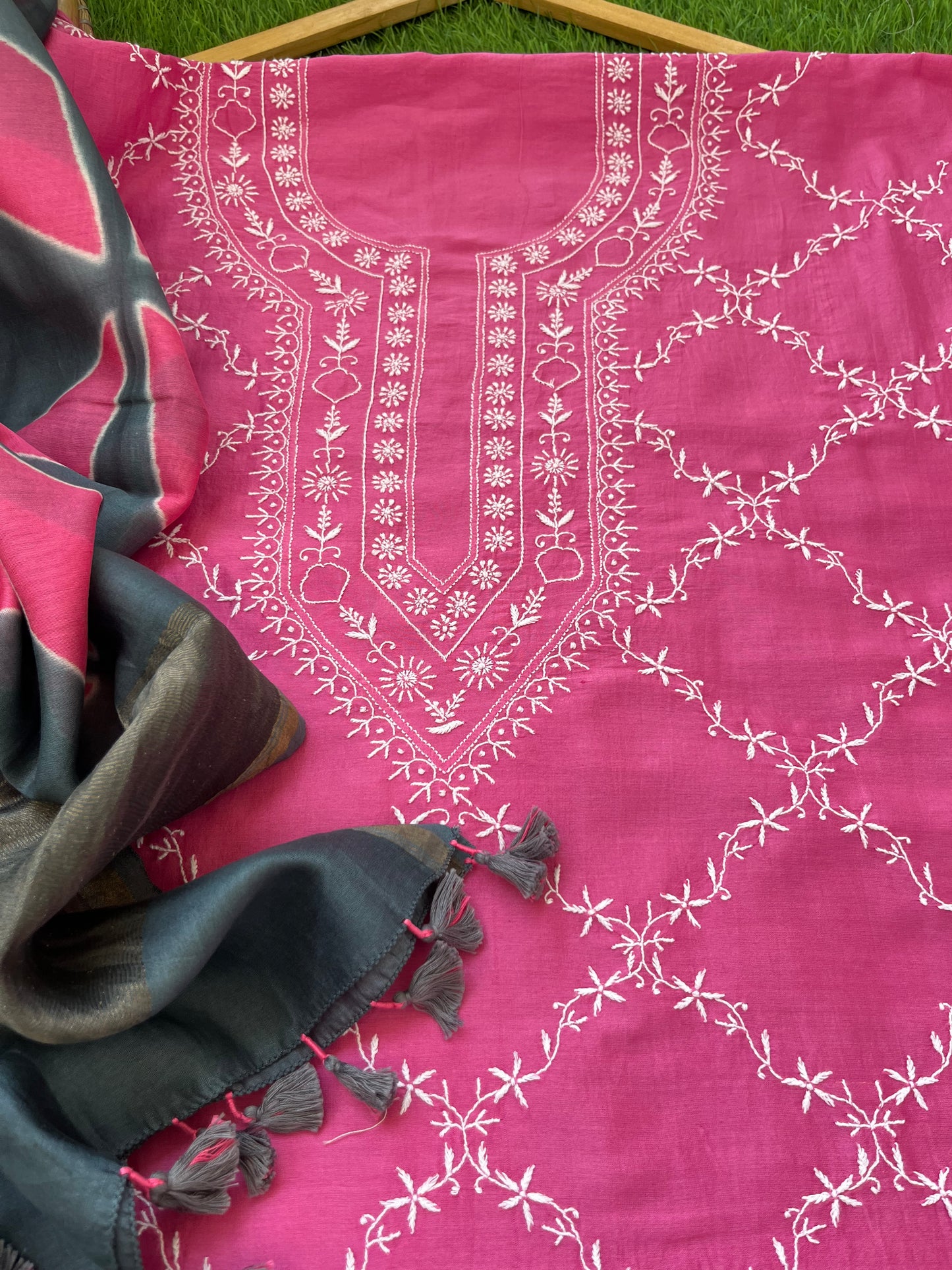 Chanderi Chikankari Kurta clamp dye Dupatta