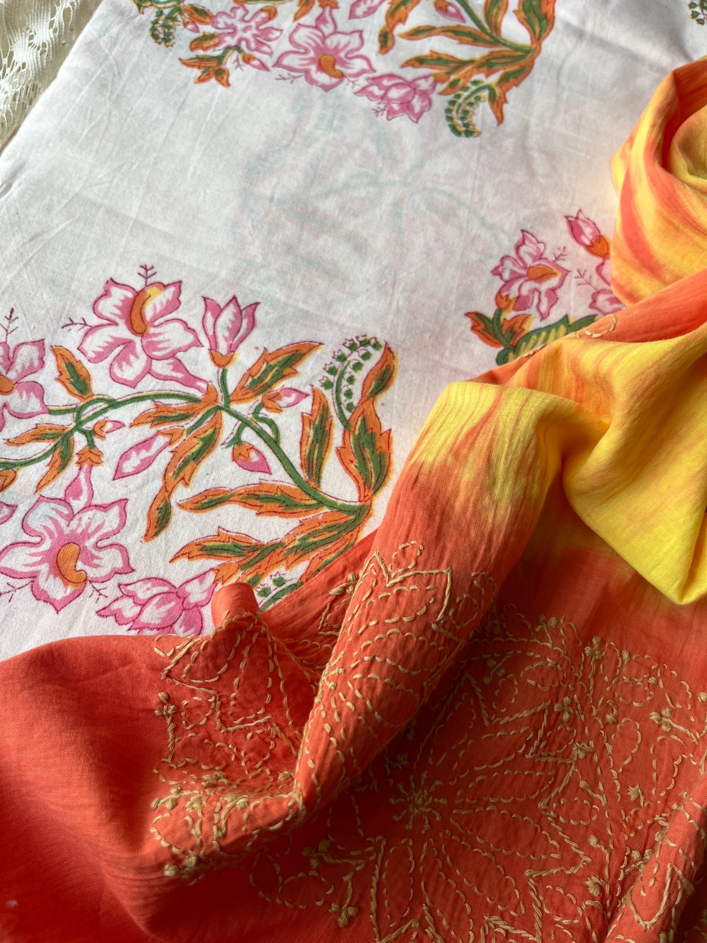 Cotton block print kurta chikankari dupatta