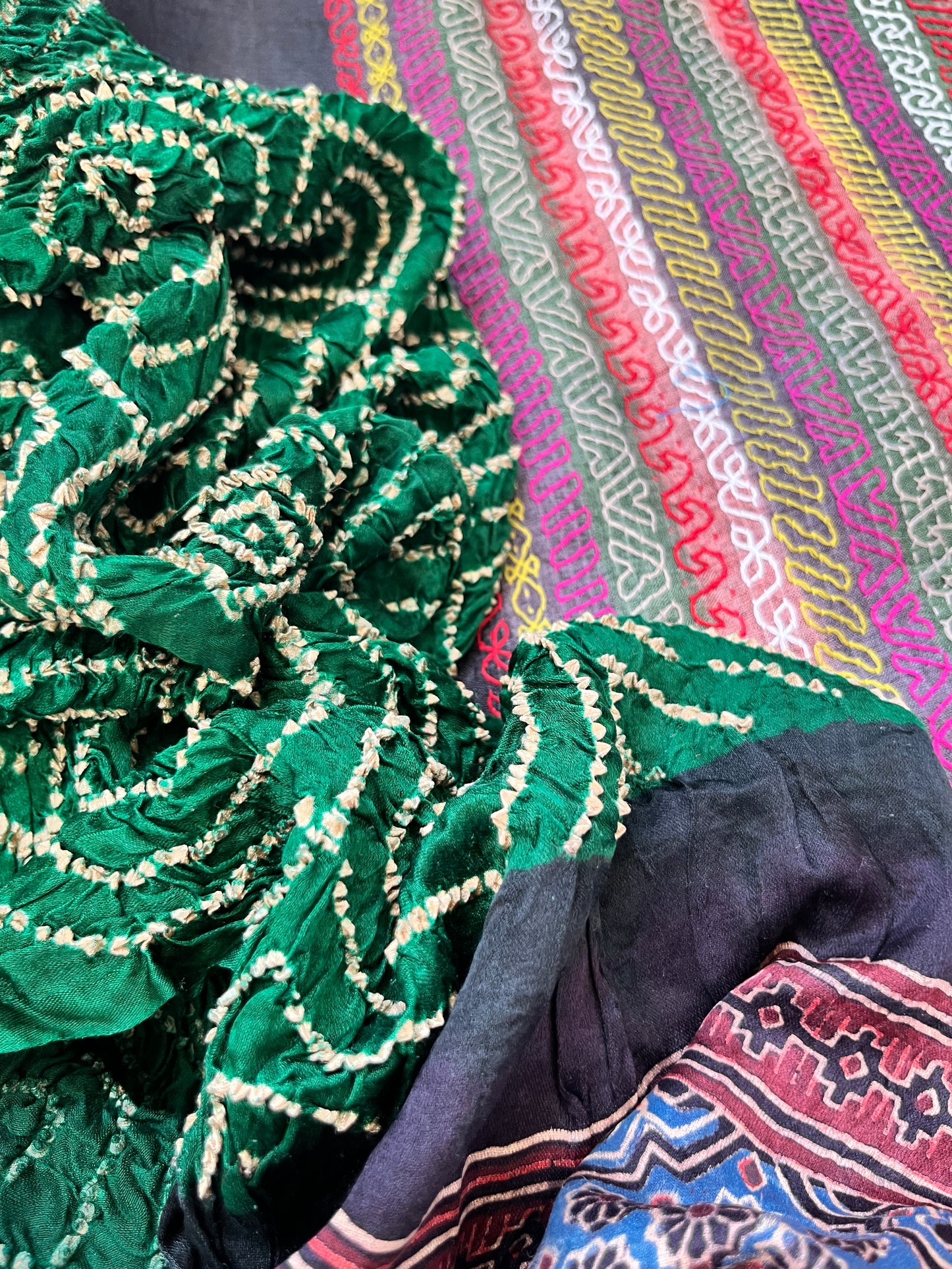 Silk kantha work kurta fabric with Bandhani ajrakh dupatta
