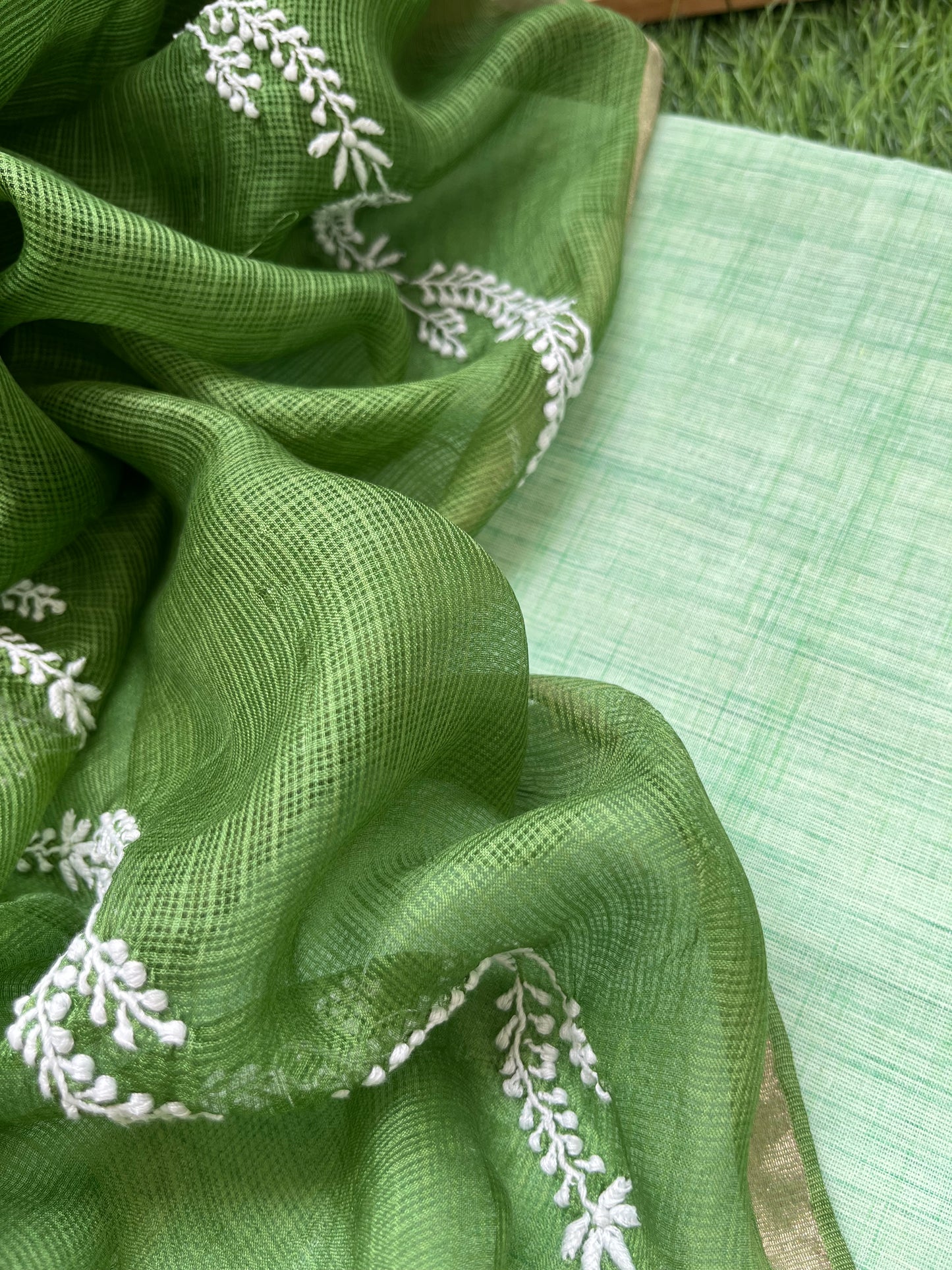 Kota silk Chikankari Dupatta with khadi kurta bottom Fabric