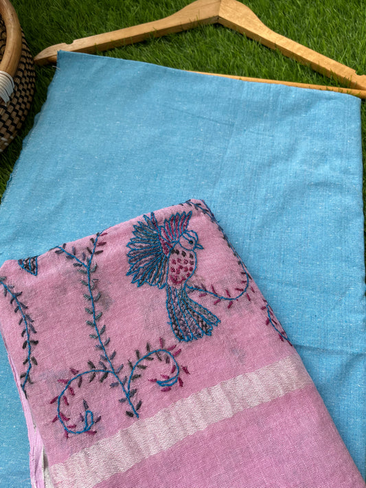 Linen sozni kaam dupatta paired with cotton kurta fabric
