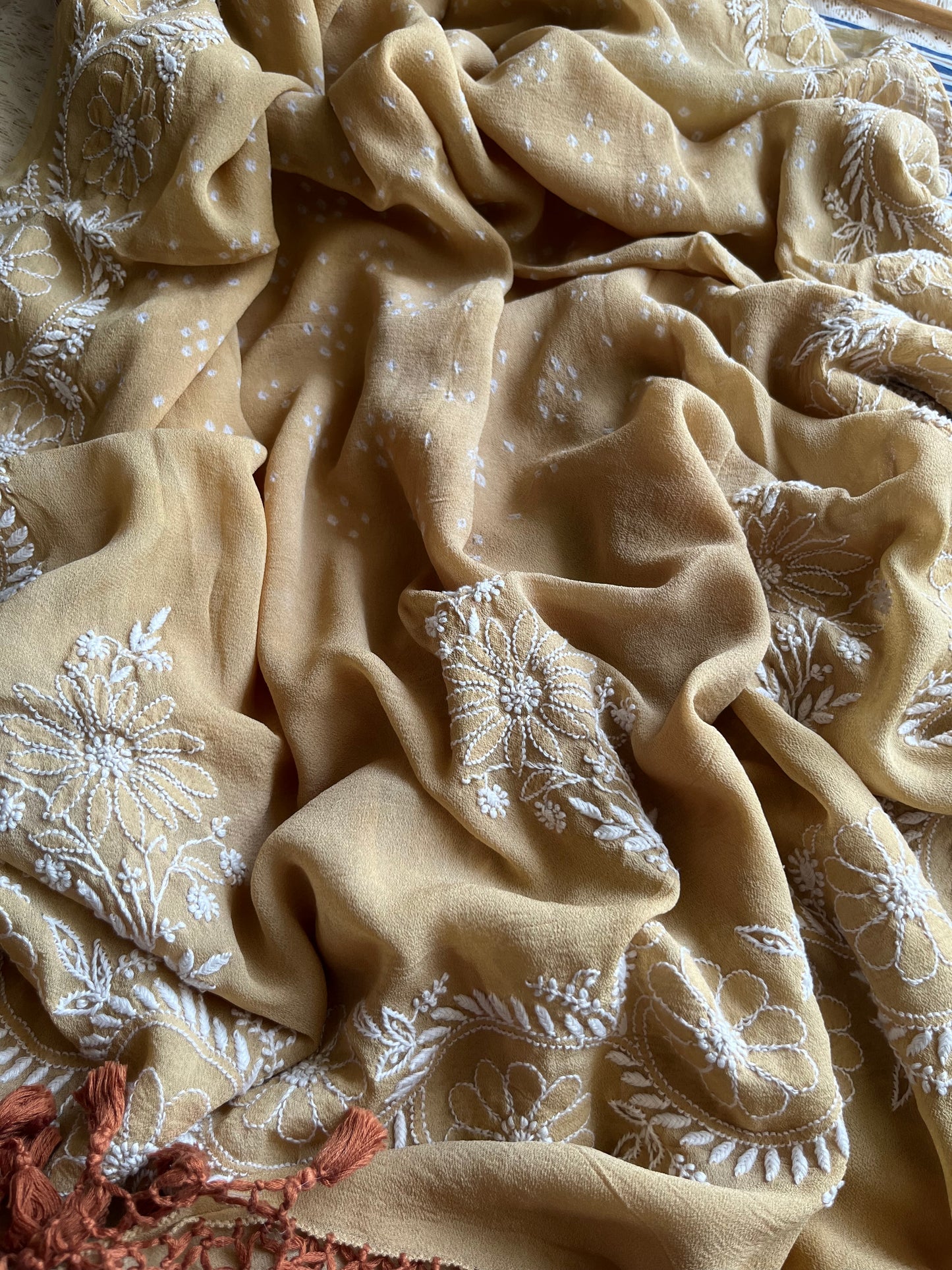 Cotton kurta bottom pure georgette chikankari bandhani dupatta