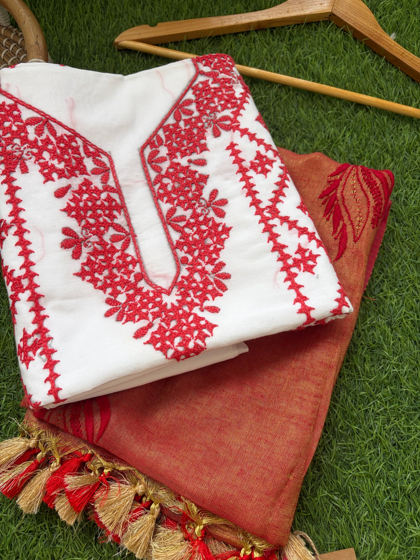 Cotton sindhi work kurta fabric with linen chikankari dupatta