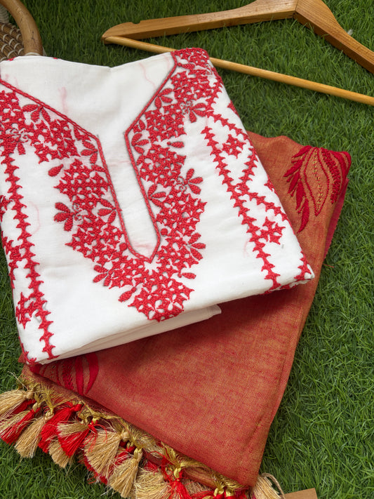Cotton sindhi work kurta fabric with linen chikankari dupatta